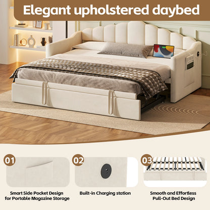 Elegantupholsteredtwindaybedwithpopuptrundle_velvetfabric_built-inUSBchargingportandsidestoragepocketformodernbedroom