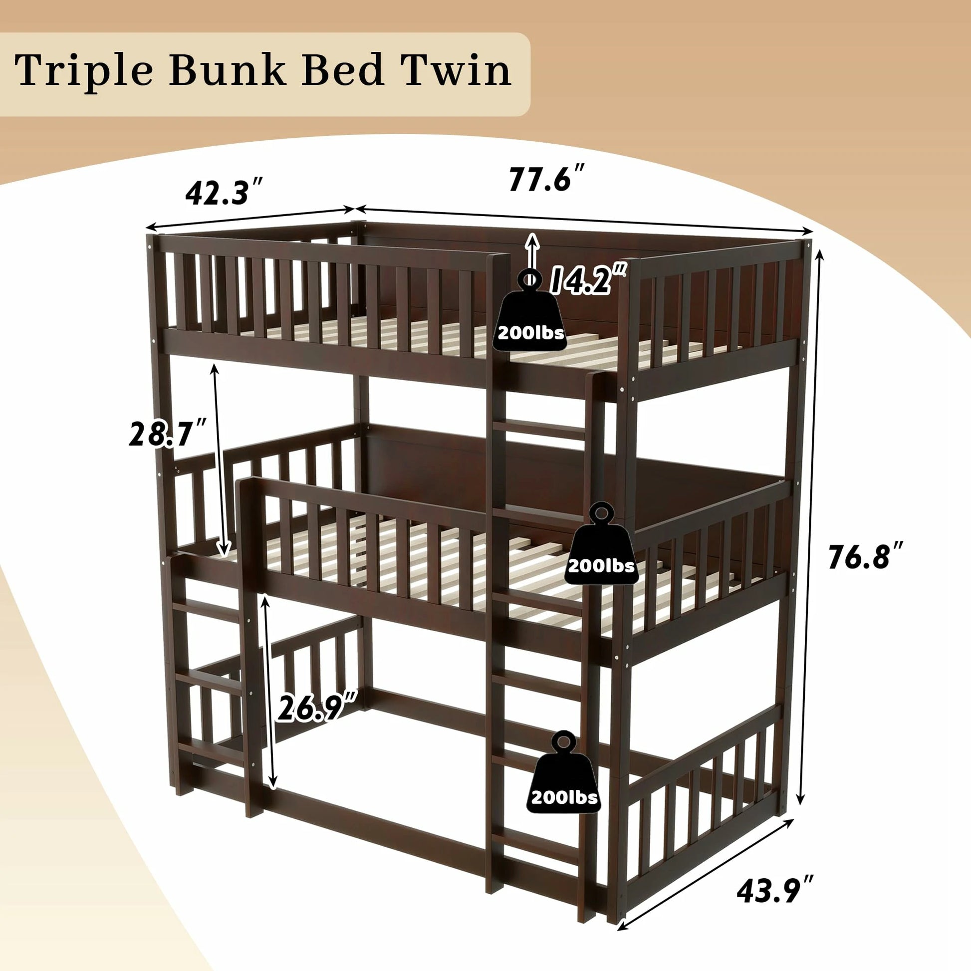 Espressotriplebunkbedtwinsizechartwithladdersandguardrails