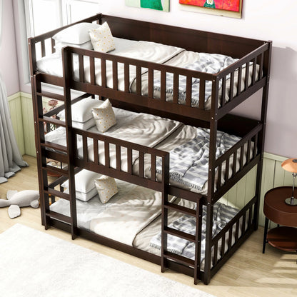 Espressotriplebunkbedwithladdersandguardrailsinbedroom