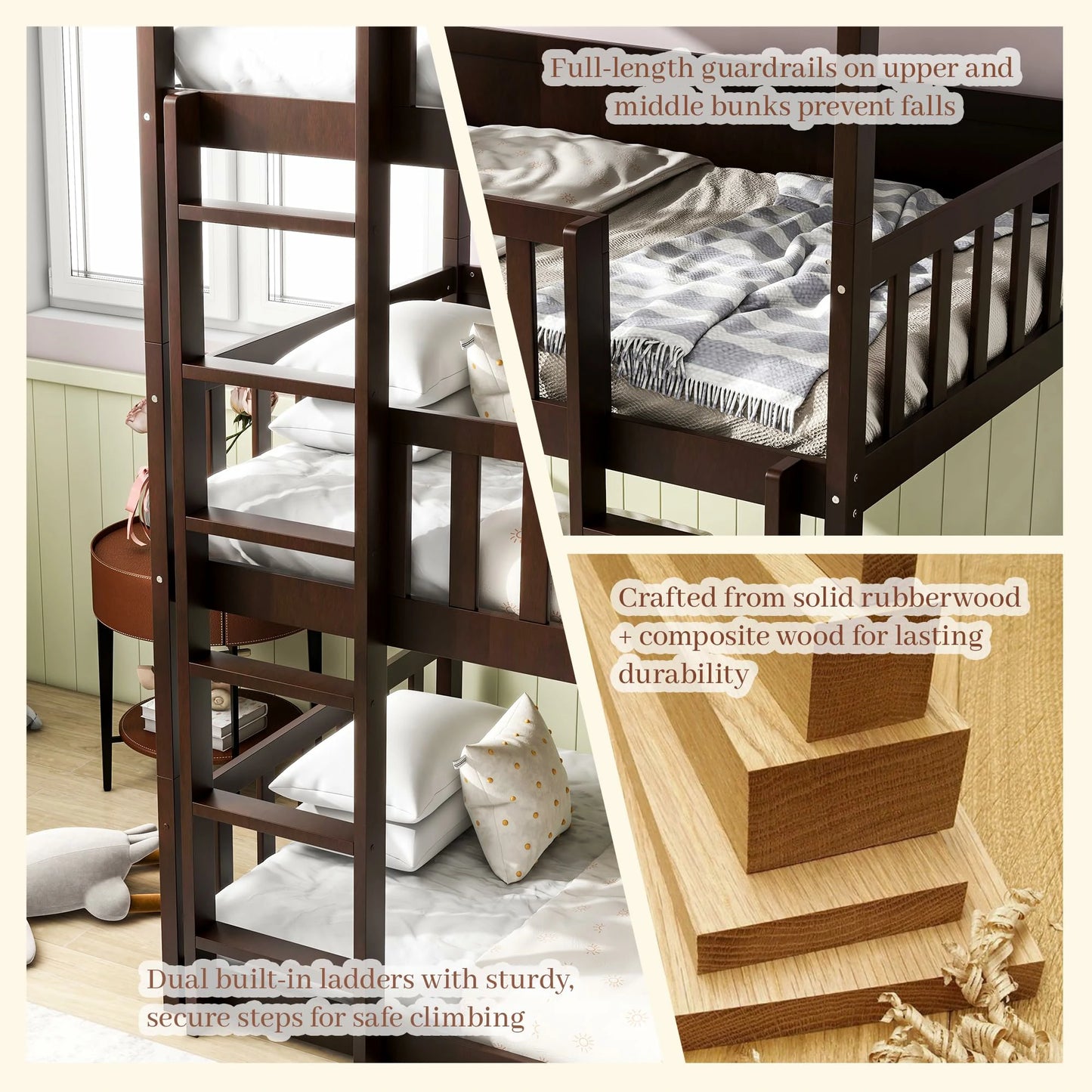 Espressotriplebunkbedwithladdersguardrailsandrubberwoodframe