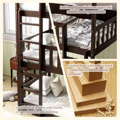 Espressotriplebunkbedwithladdersguardrailsandrubberwoodframe