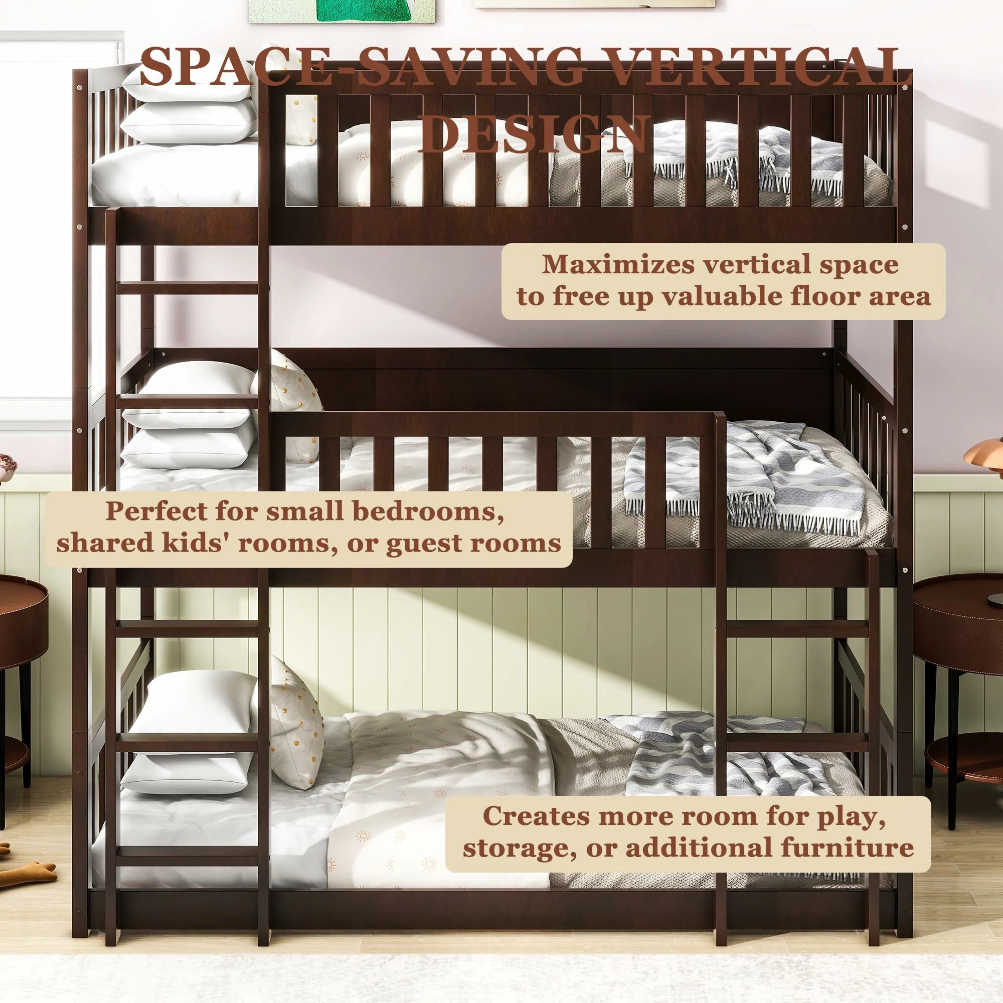 Espressotriplebunkbedwithspace-savingverticaldesign