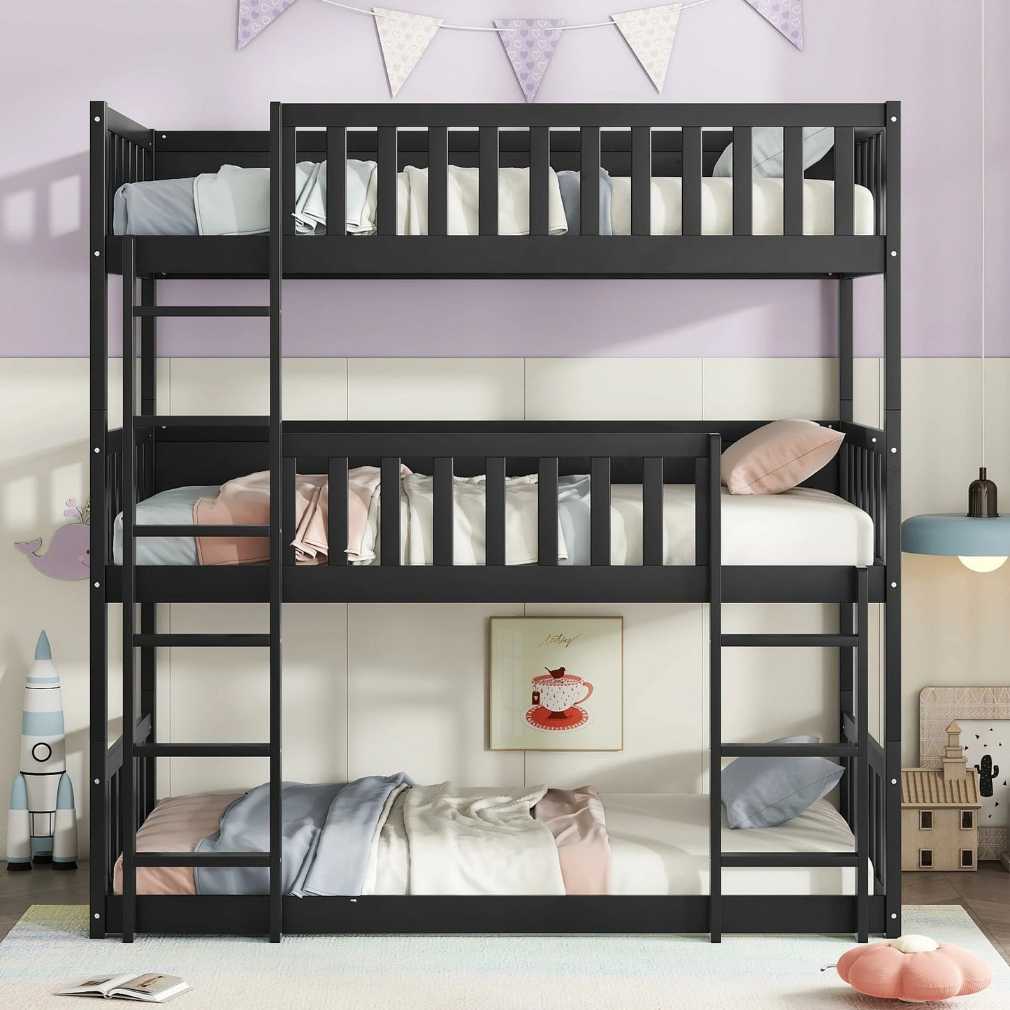 Front_view_black_triple_bunk_bed_with_ladders_and_guardrails