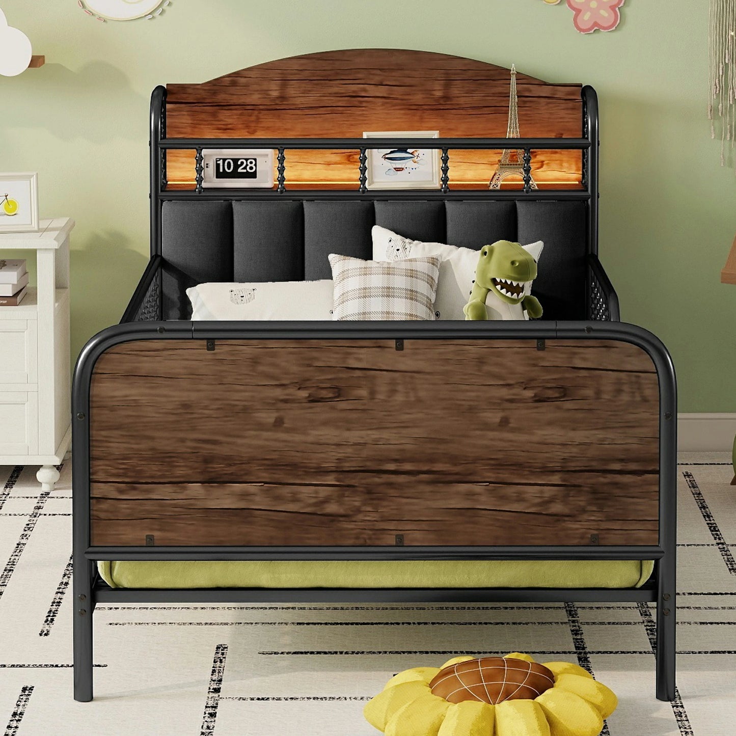 Frontviewofindustrialtwindaybedwithwoodpanelfootboard_metalrailsandpaddedbackrest