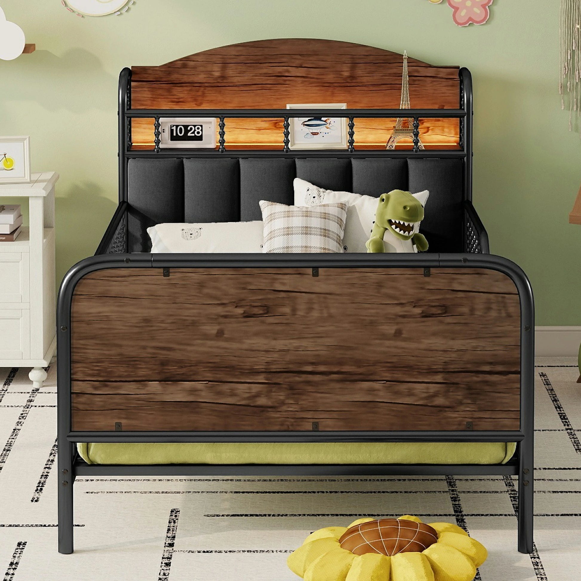 Frontviewofindustrialtwindaybedwithwoodpanelfootboard_metalrailsandpaddedbackrest