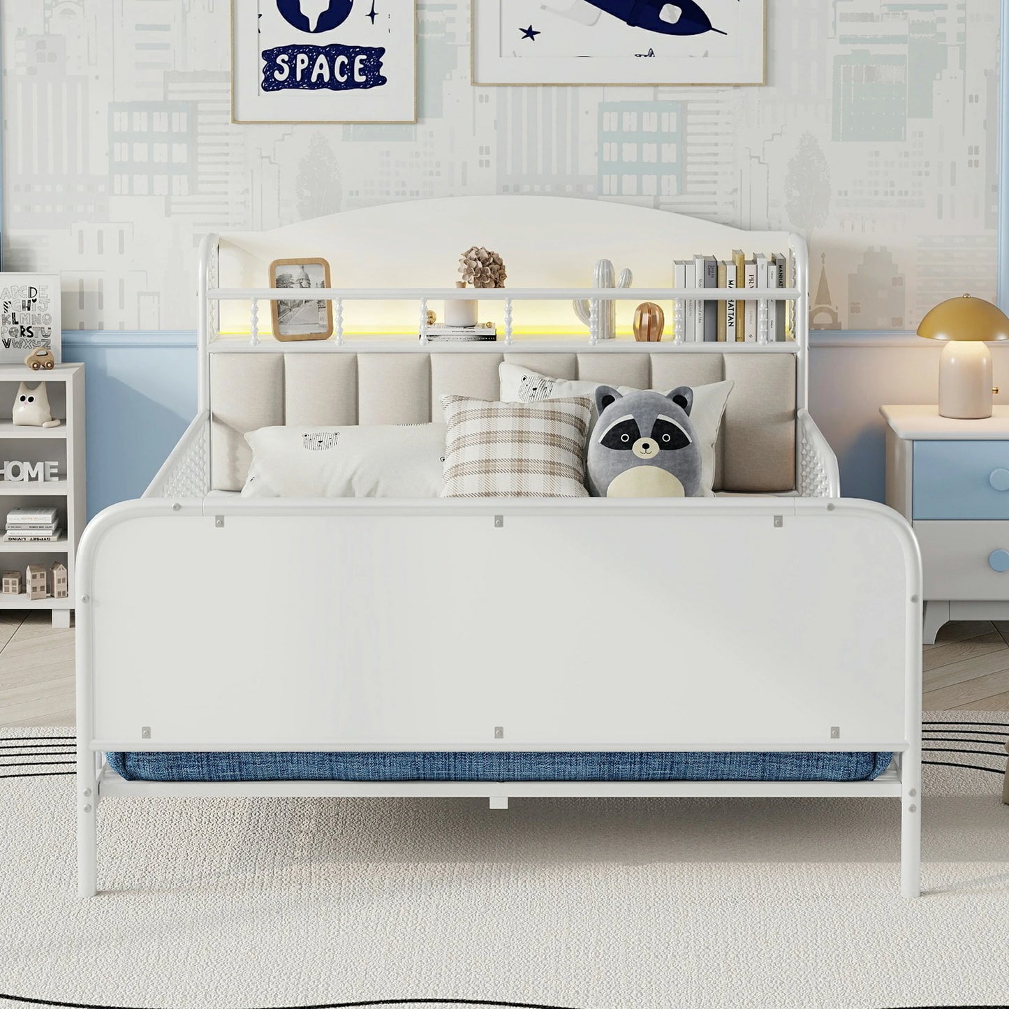 Frontviewofkidstwinbedwithpaddedheadboard_guardrailsandsturdymetalframe