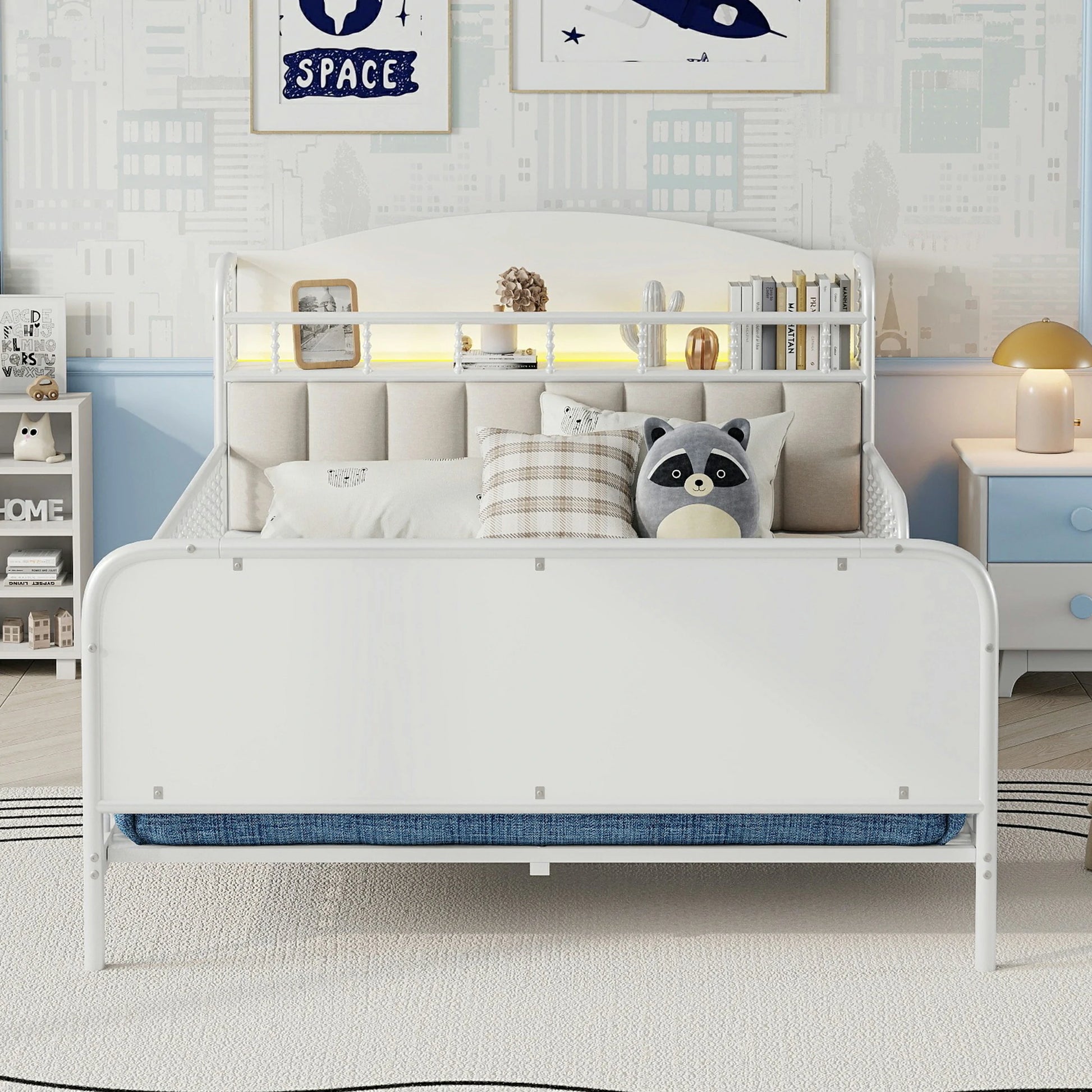 Frontviewofkidstwinbedwithpaddedheadboard_guardrailsandsturdymetalframe