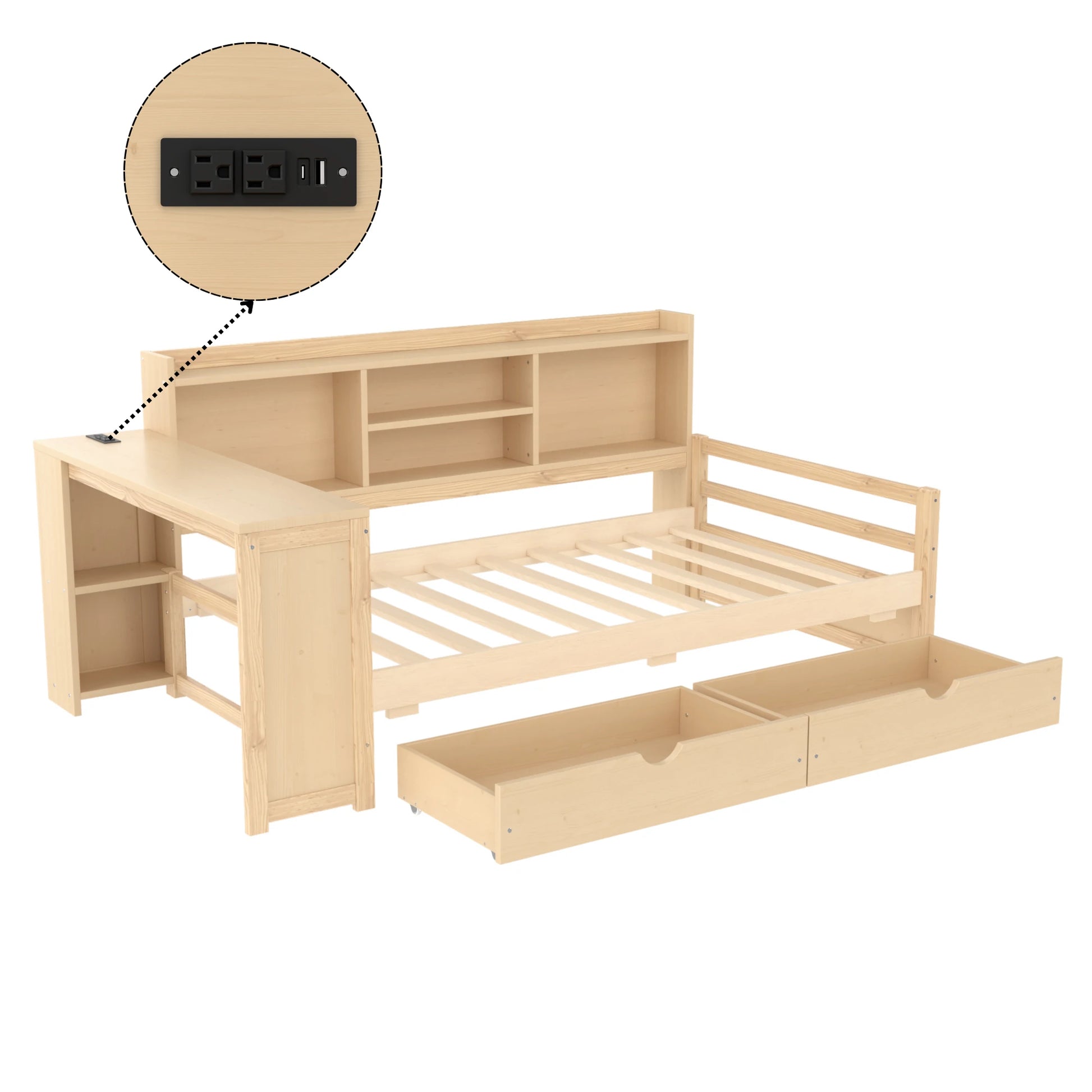 Frontviewofnaturalwooddaybedframewithstoragedrawersandshelving
