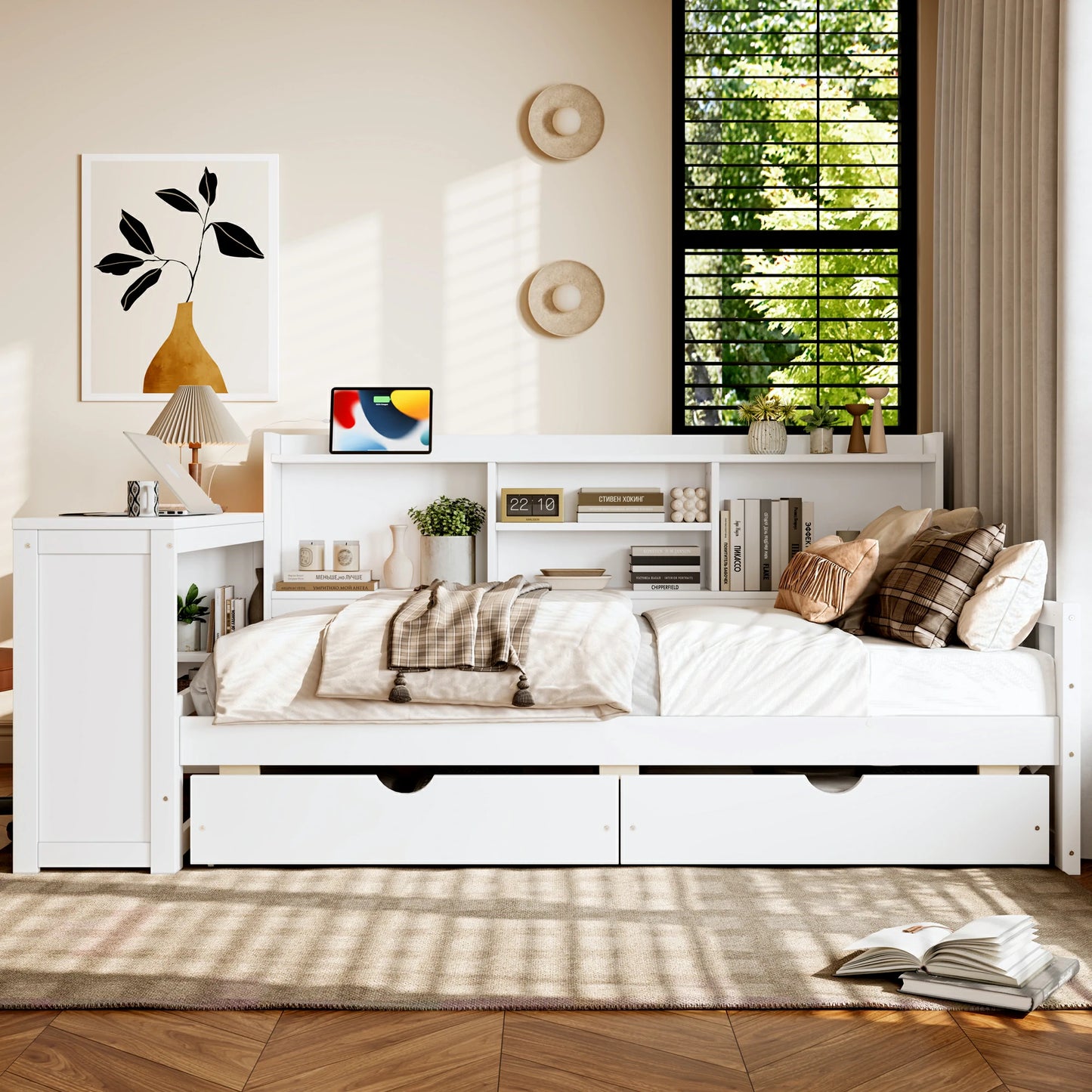 Frontviewofwhitetwindaybedwithbookcaseheadboardandstoragedrawers