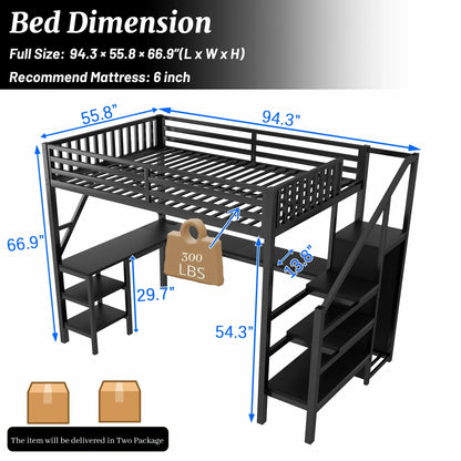 Fullsizeloftbeddimensions94.3x55.8x66.9incheswithdeskandstoragestairs_heavydutymetalloftbedframe