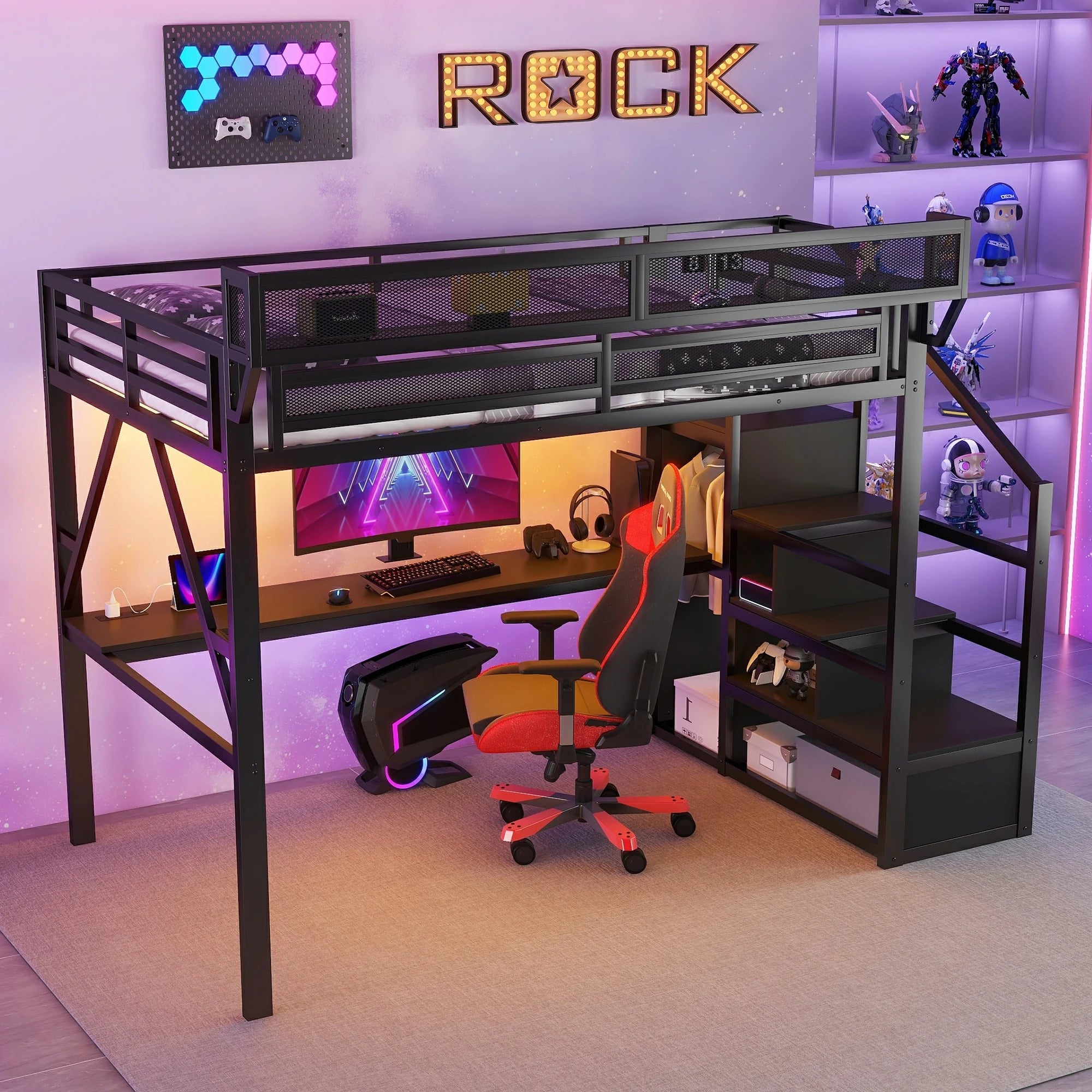 Fullsizeloftbedframewithintegrateddesk_staircasestorageshelves_andopenwardrobespace_idealforsmallroomorganization.