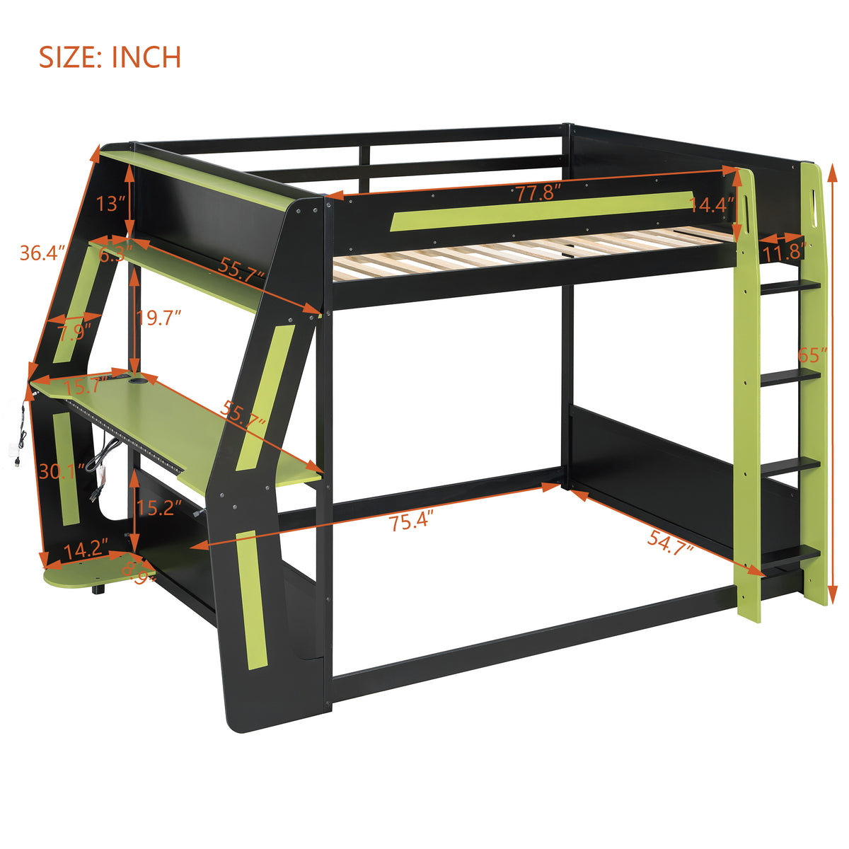 Mirightone™ Gaming Bunk Bed with Desk and Storage Shelf, LED Lights, USB Charging for Boys Gamer Adults