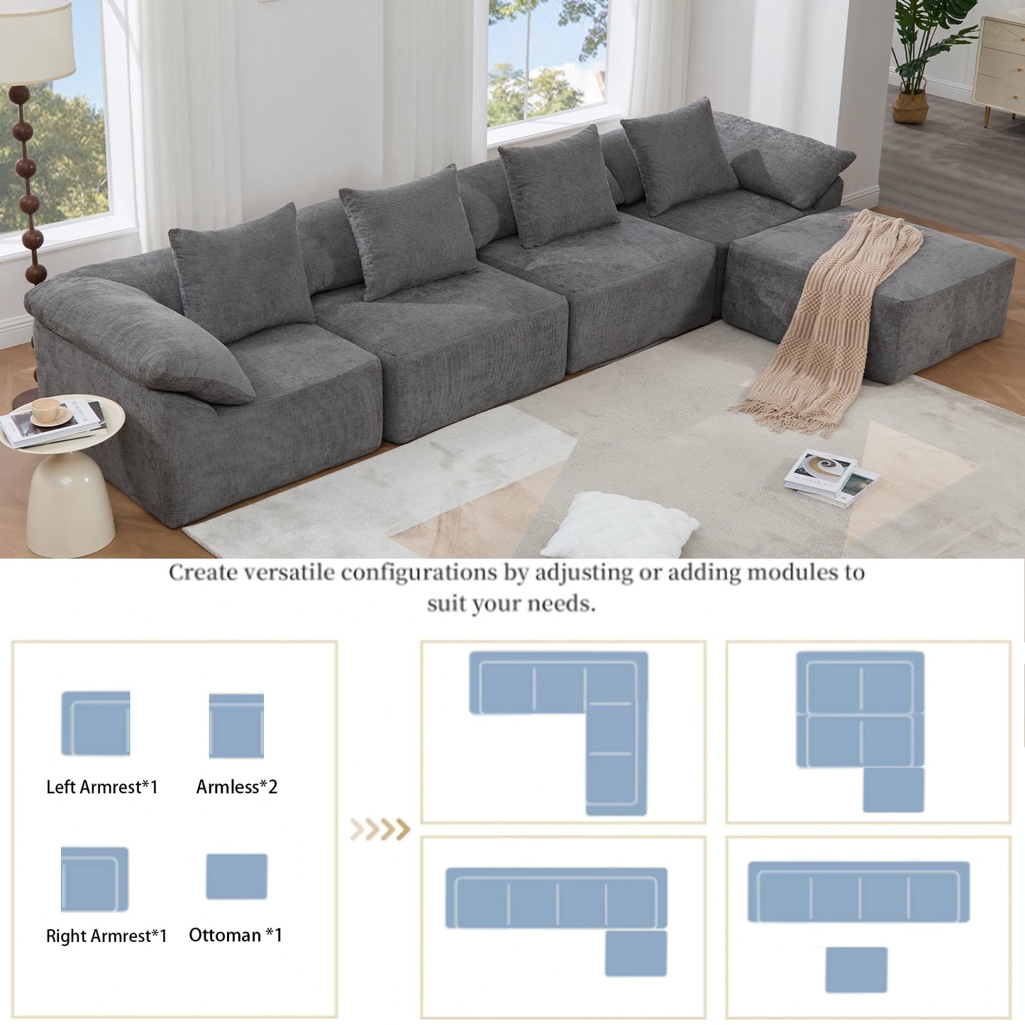 Graymodularsectionalsofashowingcustomizablelayoutoptionswitharmrests_armlessseats_andottoman