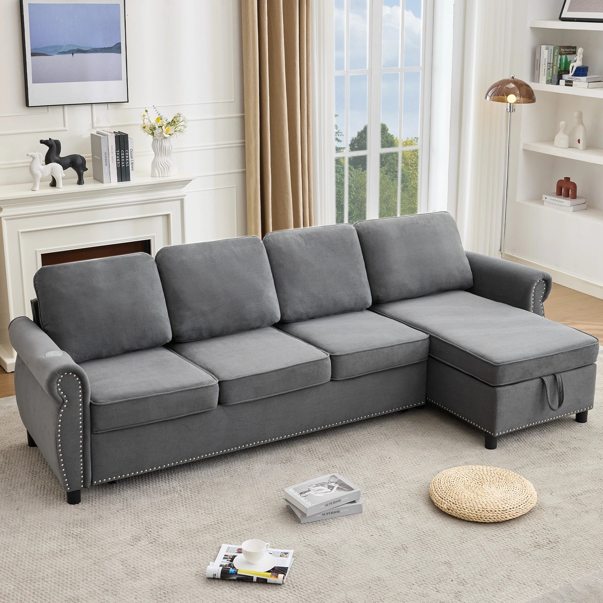 Graysectionalsofawithstoragechaiseandrolledarmsinabrightmodernlivingroom