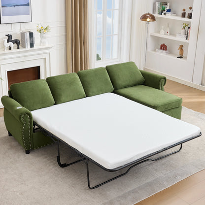 Greensectionalsleepersofaconvertedintoapull-outbedwithmattressinamodernlivingroom