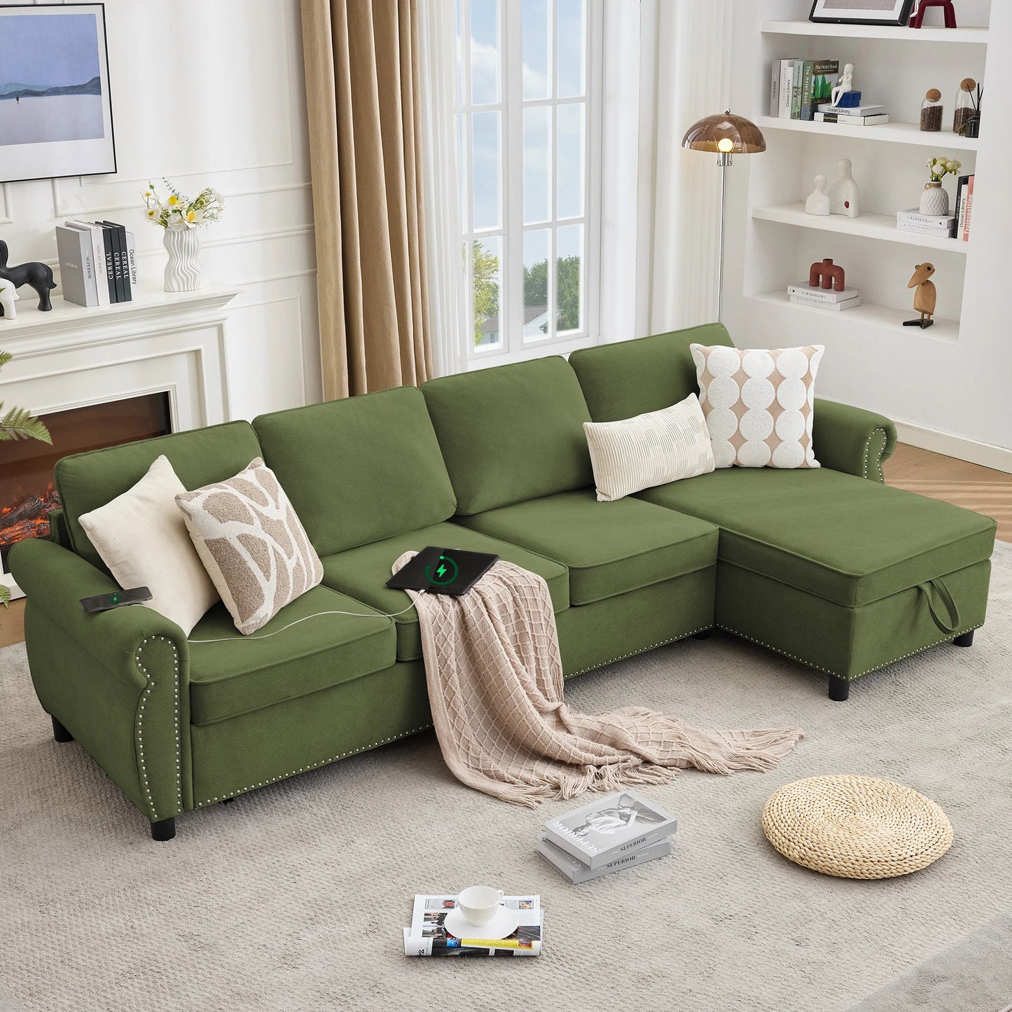 GreensectionalsofawithUSBcharging_wirelesscharging_andstoragechaiseinamodernlivingroom