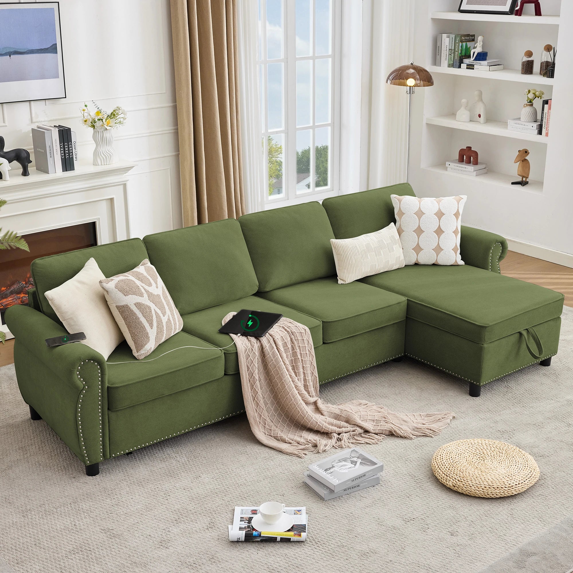 GreensectionalsofawithUSBcharging_wirelesscharging_andstoragechaiseinamodernlivingroom