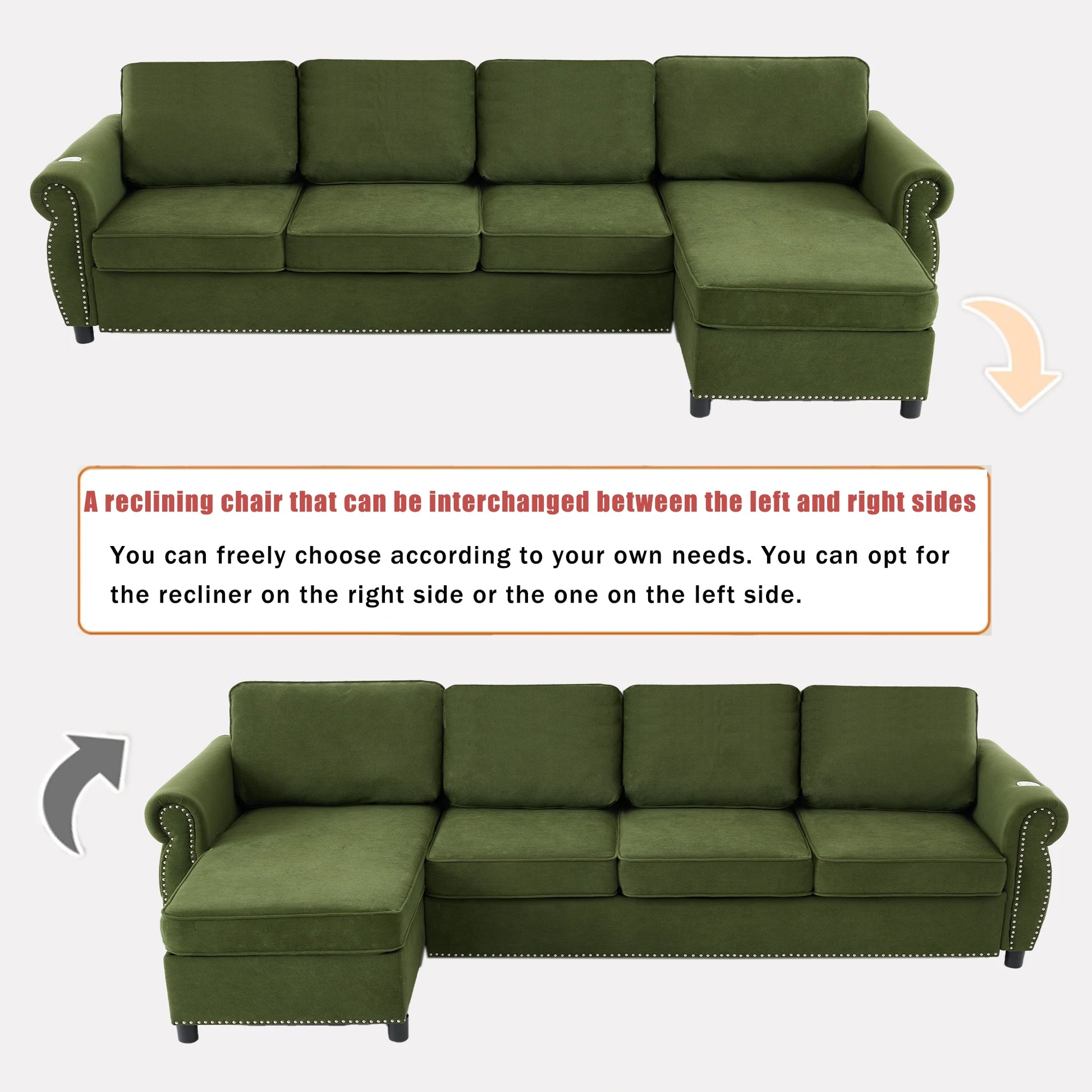 Greensectionalsofawithreversiblechaiseconfigurationforleft-facingorright-facingsetup
