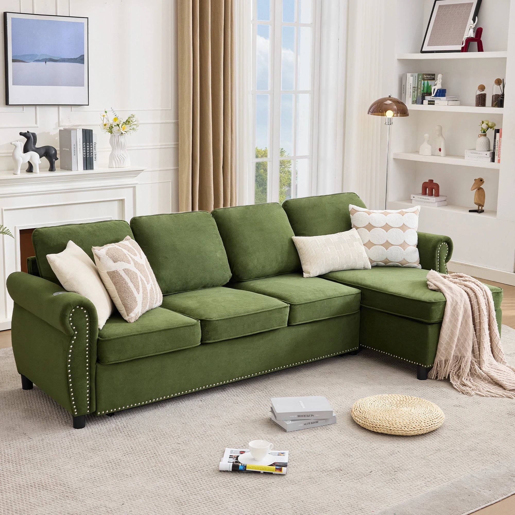 Greensectionalsofawithstoragechaiseandrolledarmsinamodernlivingroom