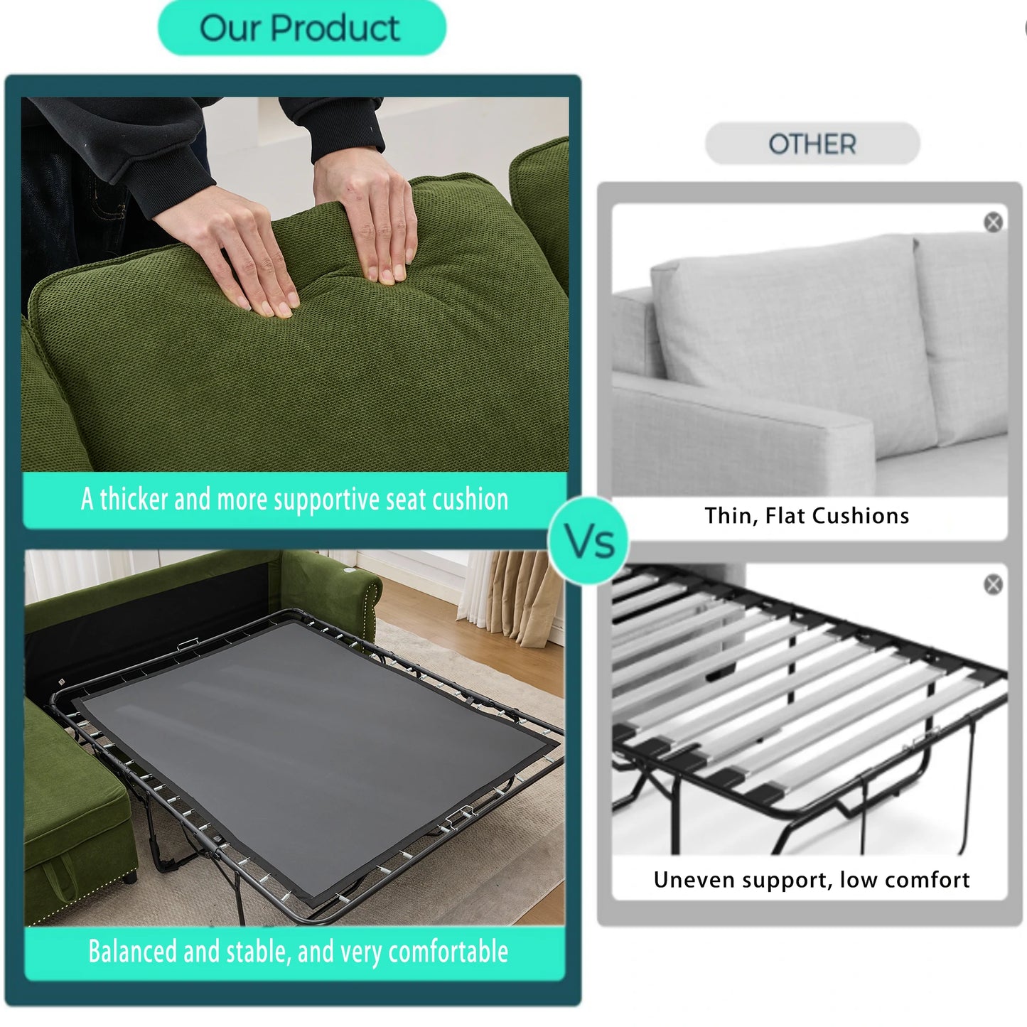 Greensleepersofawiththickerseatcushionsandstablesleeperframecomparedwiththincushionsandunevensupport