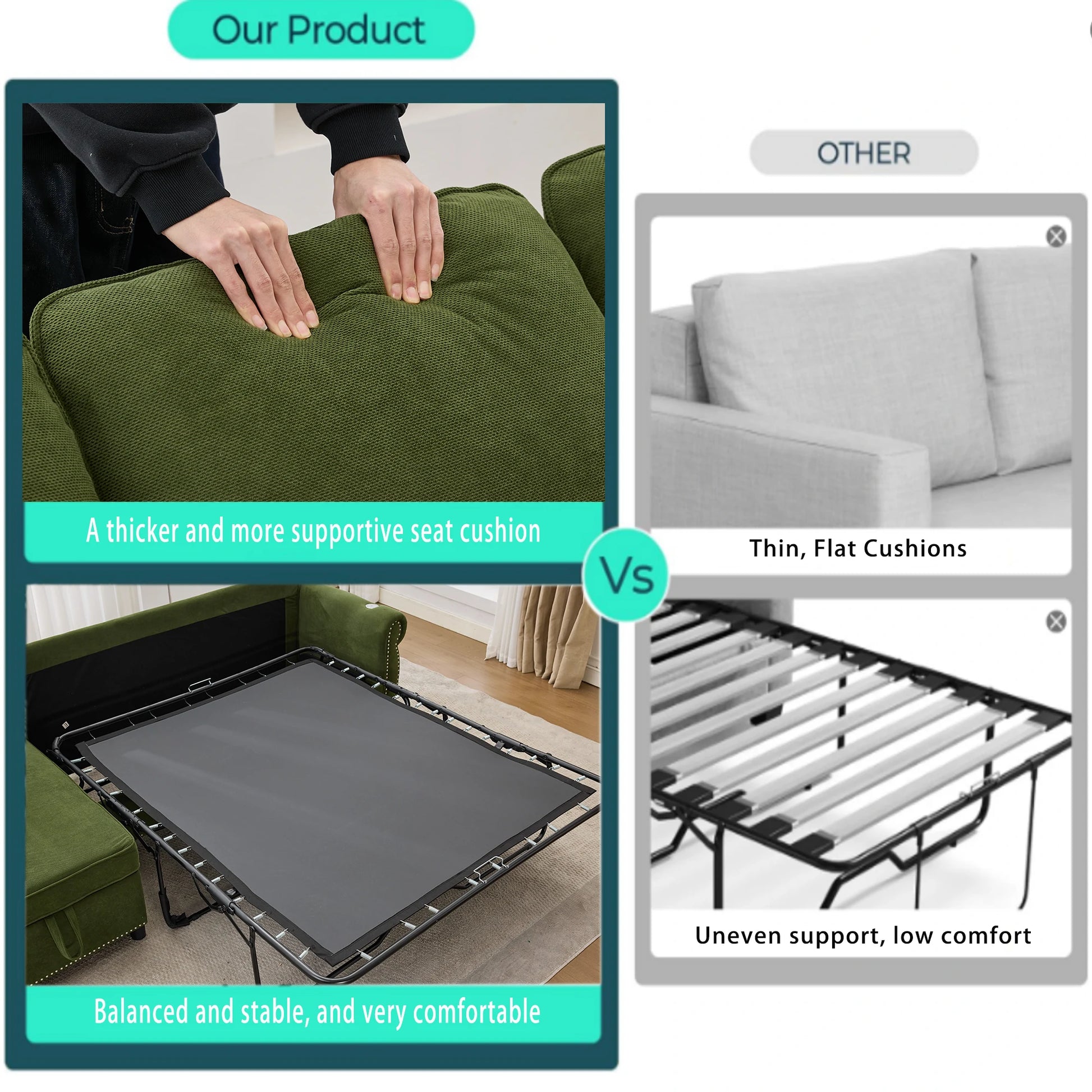 Greensleepersofawiththickerseatcushionsandstablesleeperframecomparedwiththincushionsandunevensupport