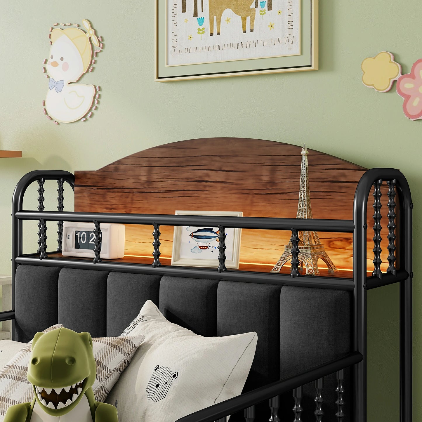 Industrialtwindaybedheadboardwithwoodpanel_metalframe_built-inshelfandwarmLEDlightforkidsbedroom
