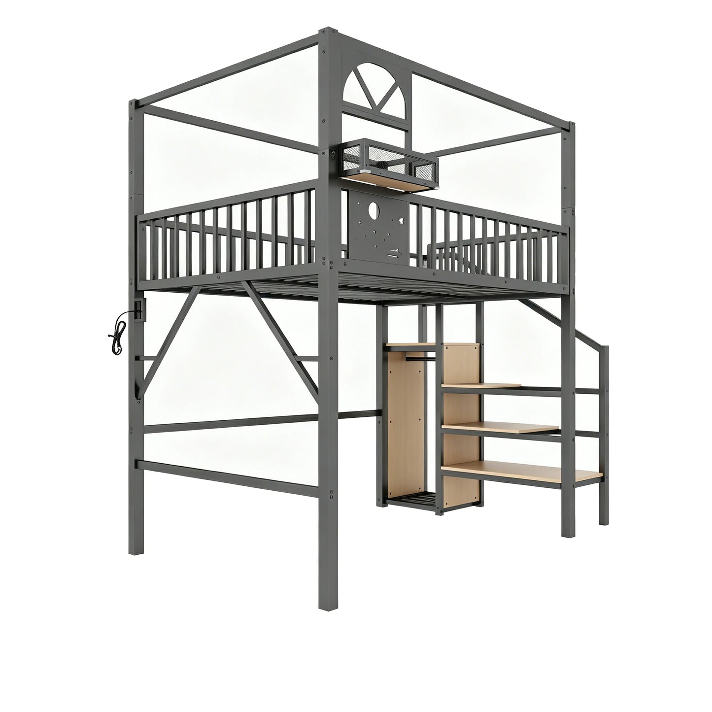 Mirightone™ Full Loft Bed with Storage Stairs and Light ,Metal Loft Bed with Canopy Frame and Window Design,High Loft Bed with Wardrobe for Kids Teens, Black(Expect Arrival Date 2026/6/23)(Patented products)