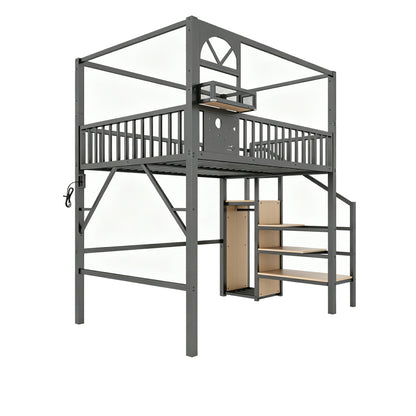 Mirightone™ Full Loft Bed with Storage Stairs and Light ,Metal Loft Bed with Canopy Frame and Window Design,High Loft Bed with Wardrobe for Kids Teens, Black(Expect Arrival Date 2026/6/23)(Patented products)