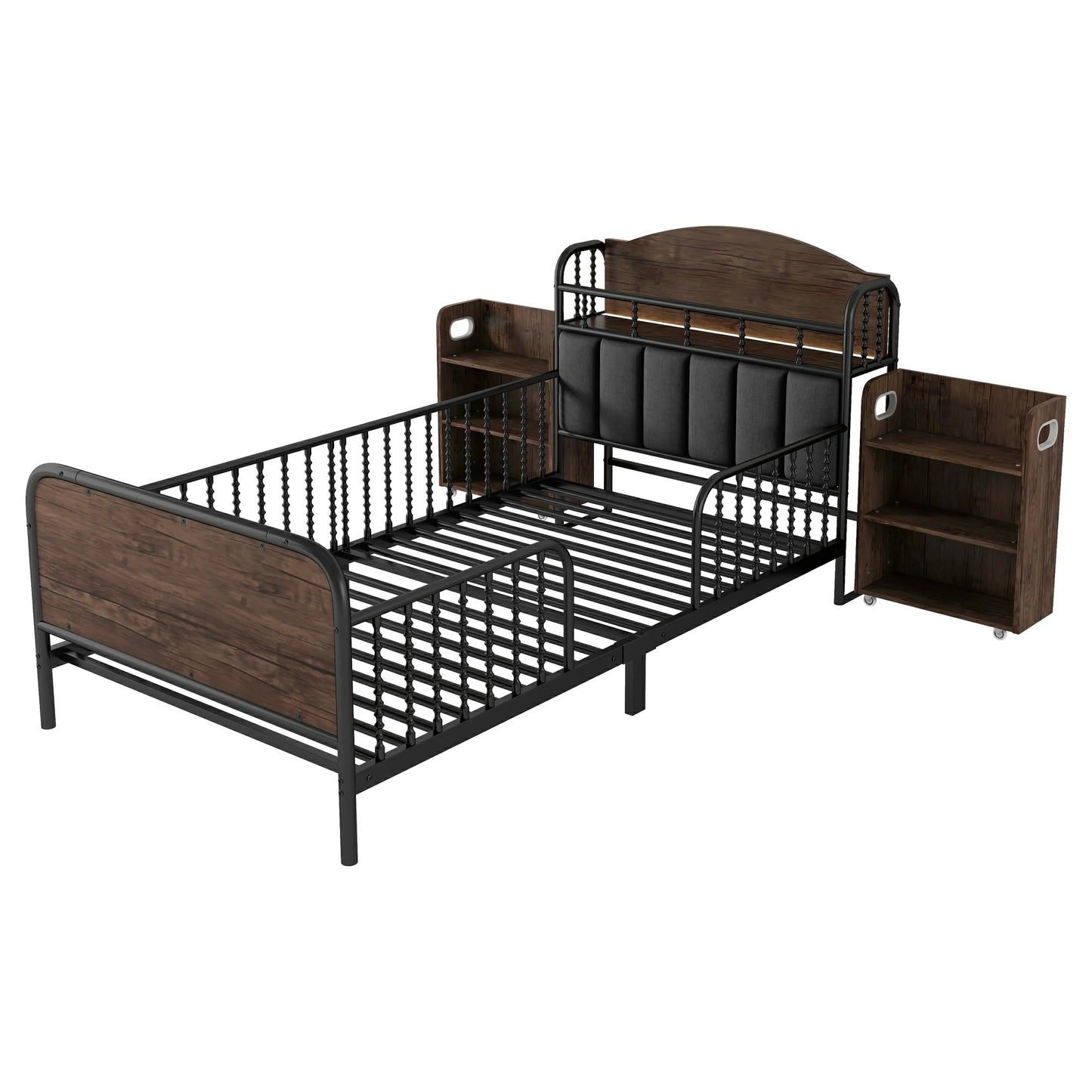 Kidsbedwithstorageshelvesandupholsteredheadboardwoodandmetaldesign