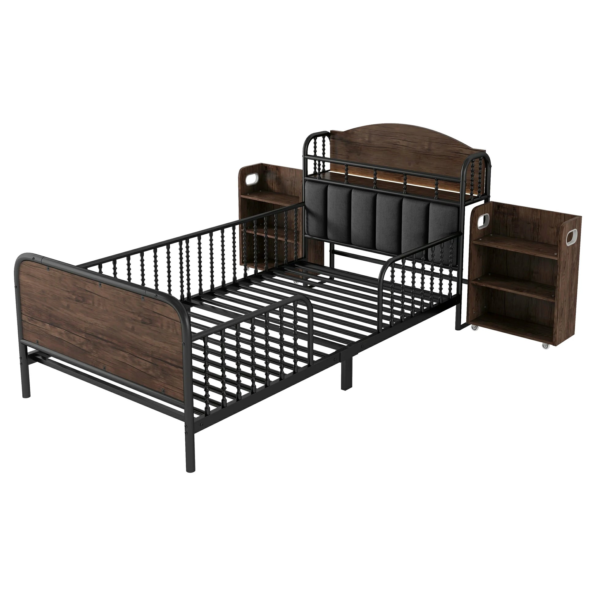 Kidsbedwithstorageshelvesandupholsteredheadboardwoodandmetaldesign