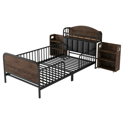 Kidsbedwithstorageshelvesandupholsteredheadboardwoodandmetaldesign