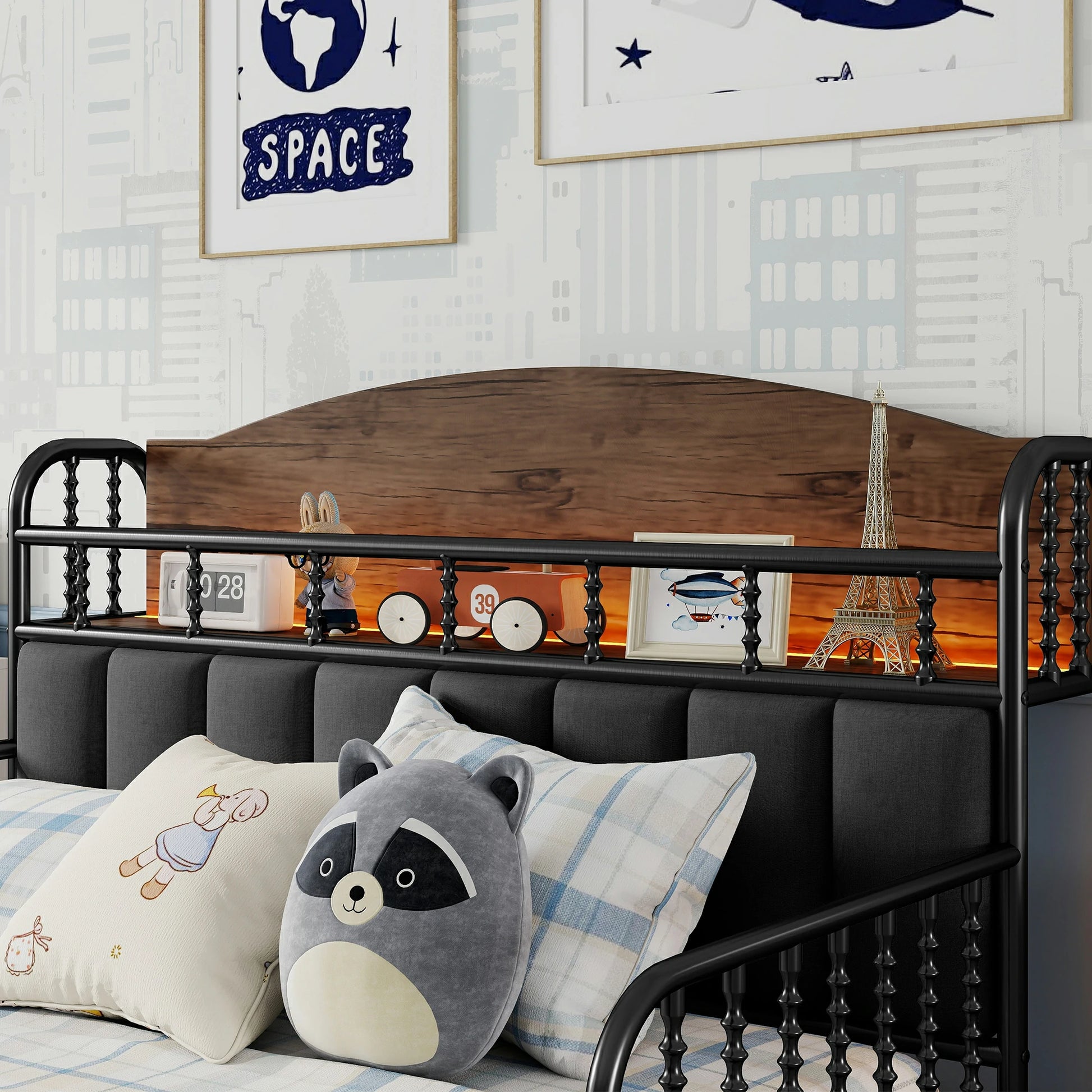 Kidsbedwithupholsteredheadboard_woodenpanelshelfandLEDlightingforstorageandcomfort