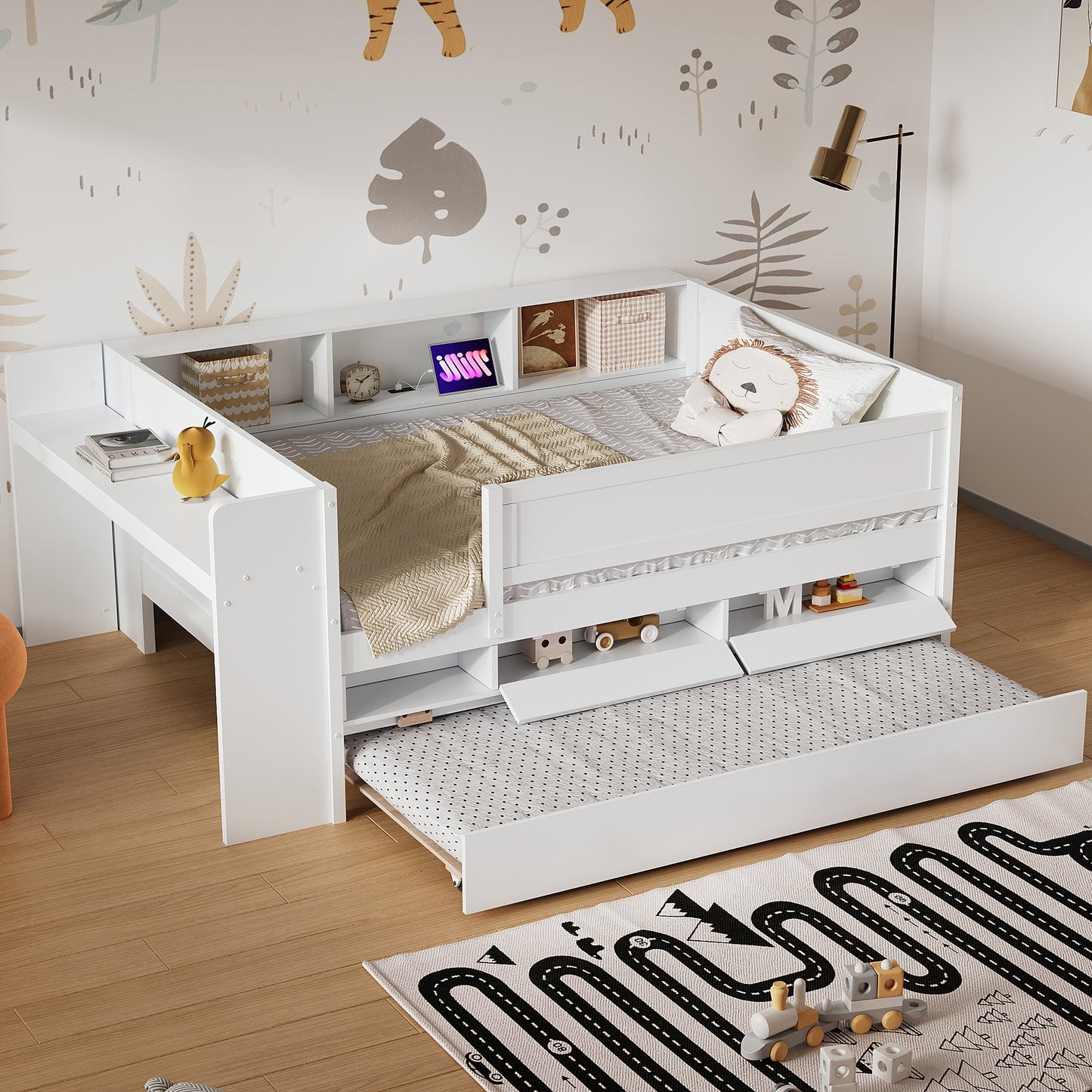 Kidsroomsetupwithwhitetwindaybedandpull-outtrundle_featuringstorageshelvesandcozybedding_idealformodernchildren_sbedroomdesign