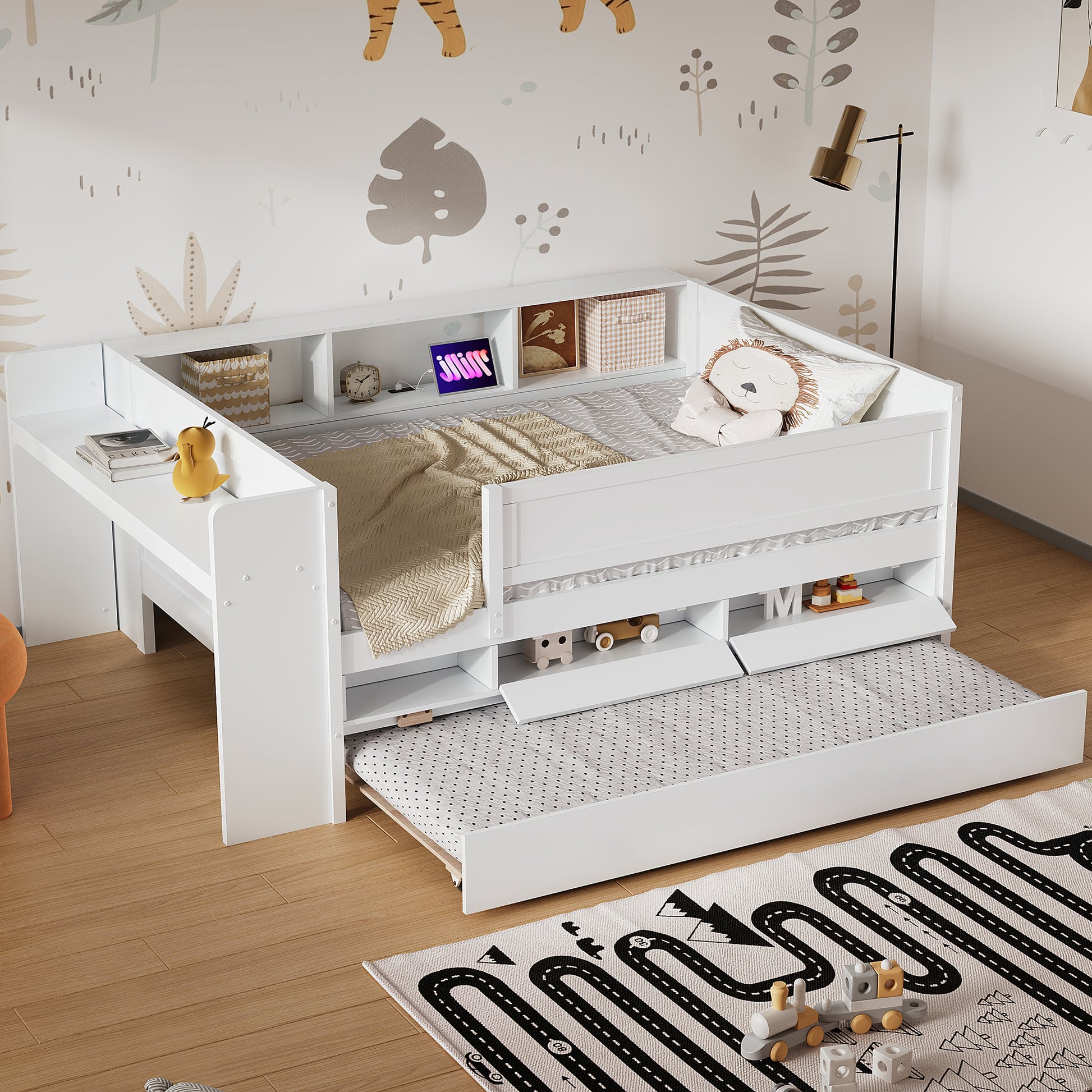 Kidsroomsetupwithwhitetwindaybedandpull-outtrundle_featuringstorageshelvesandcozybedding_idealformodernchildren_sbedroomdesign