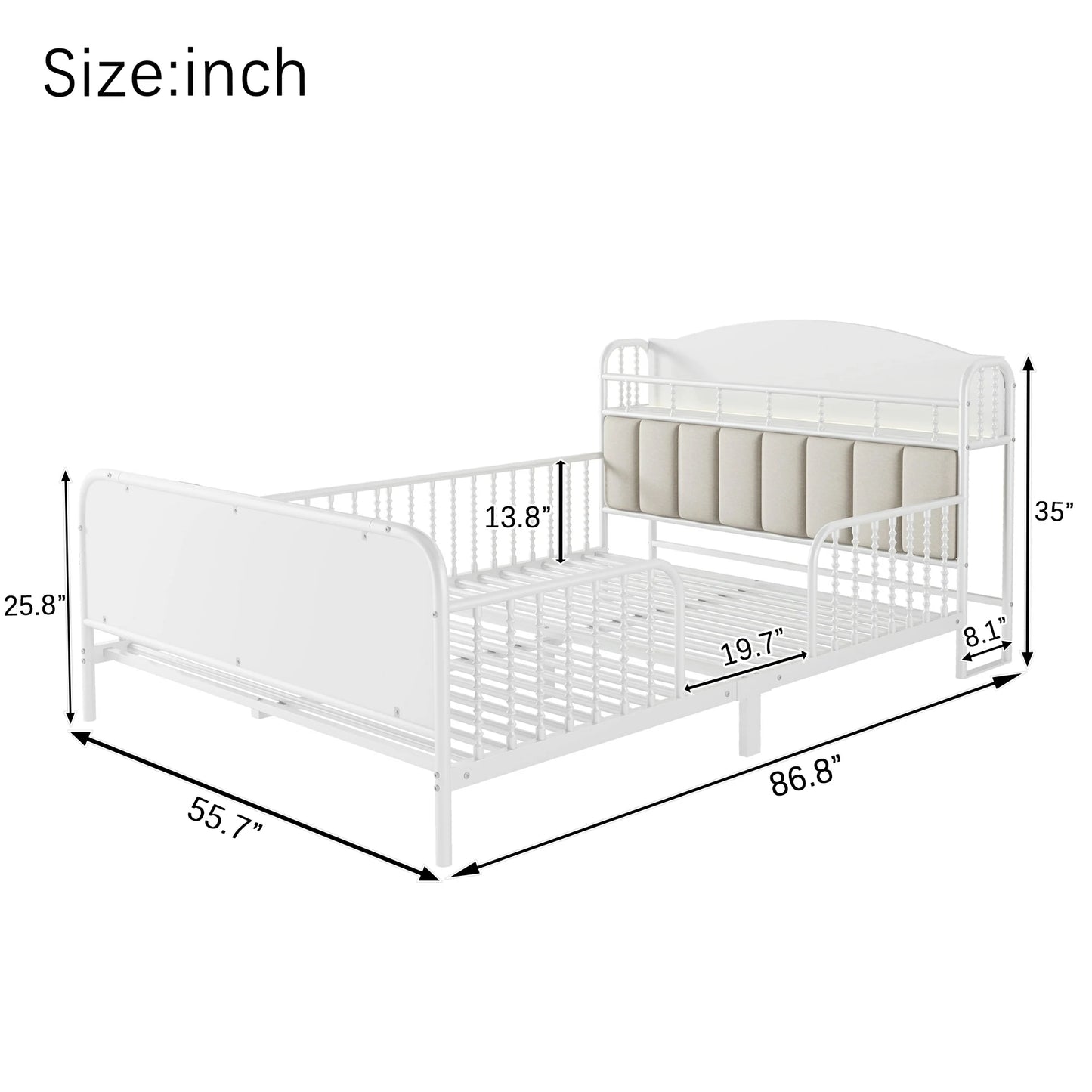 Kidstwinbeddimensions86.8inchlengthwithguardrailsandlowprofiledesignforchildren