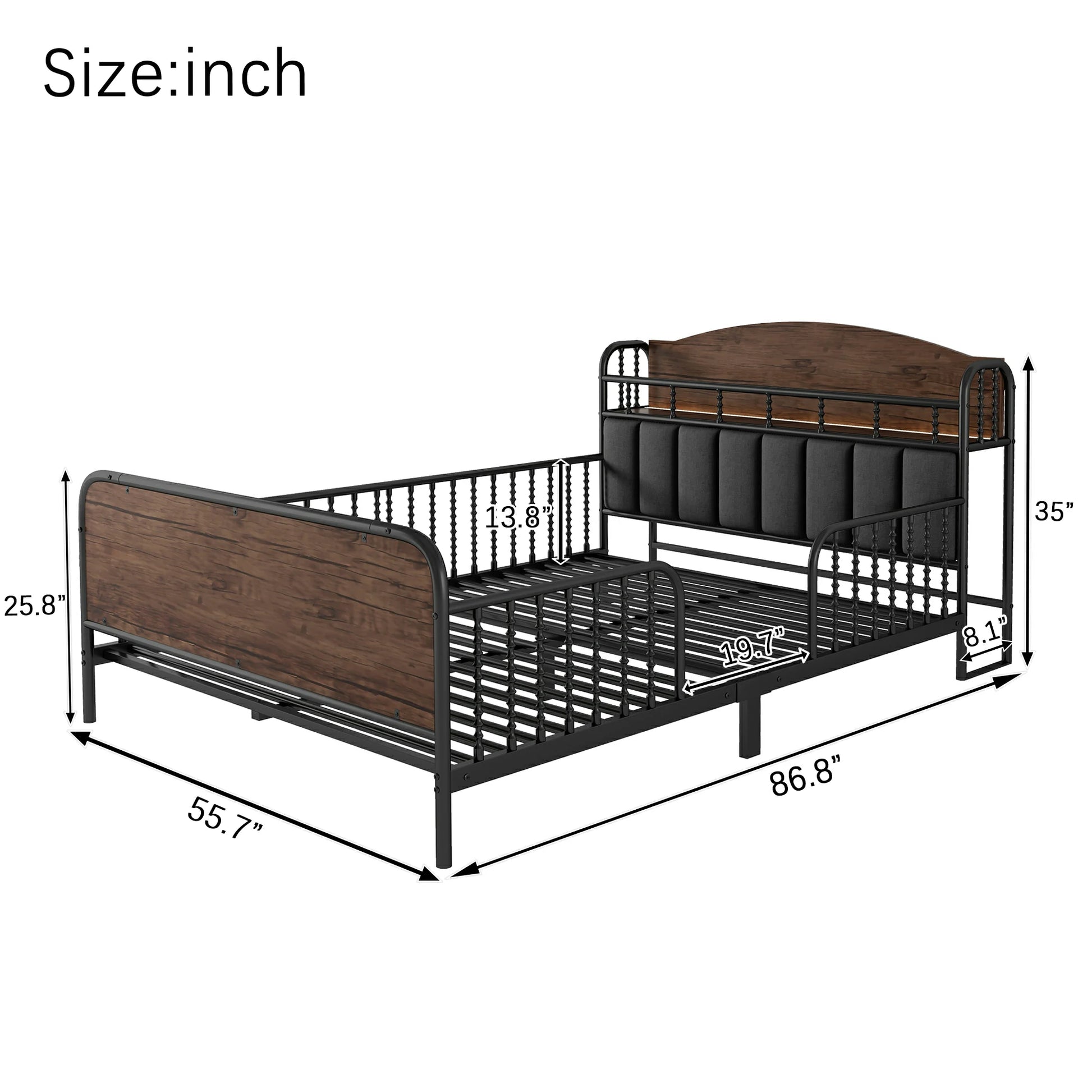 Kidstwinbeddimensions86.8inchlengthwithmetalframeandsafetyguardrailssizedetails