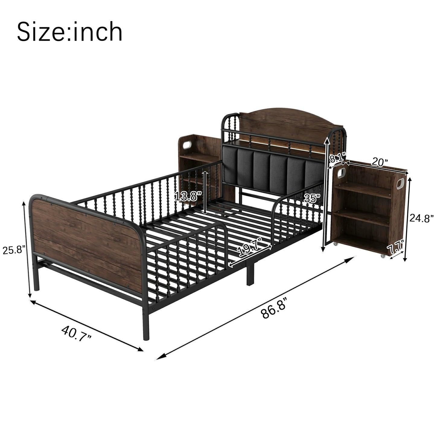 Kidstwinbeddimensionswithstorageshelfandheadboardsizedetails
