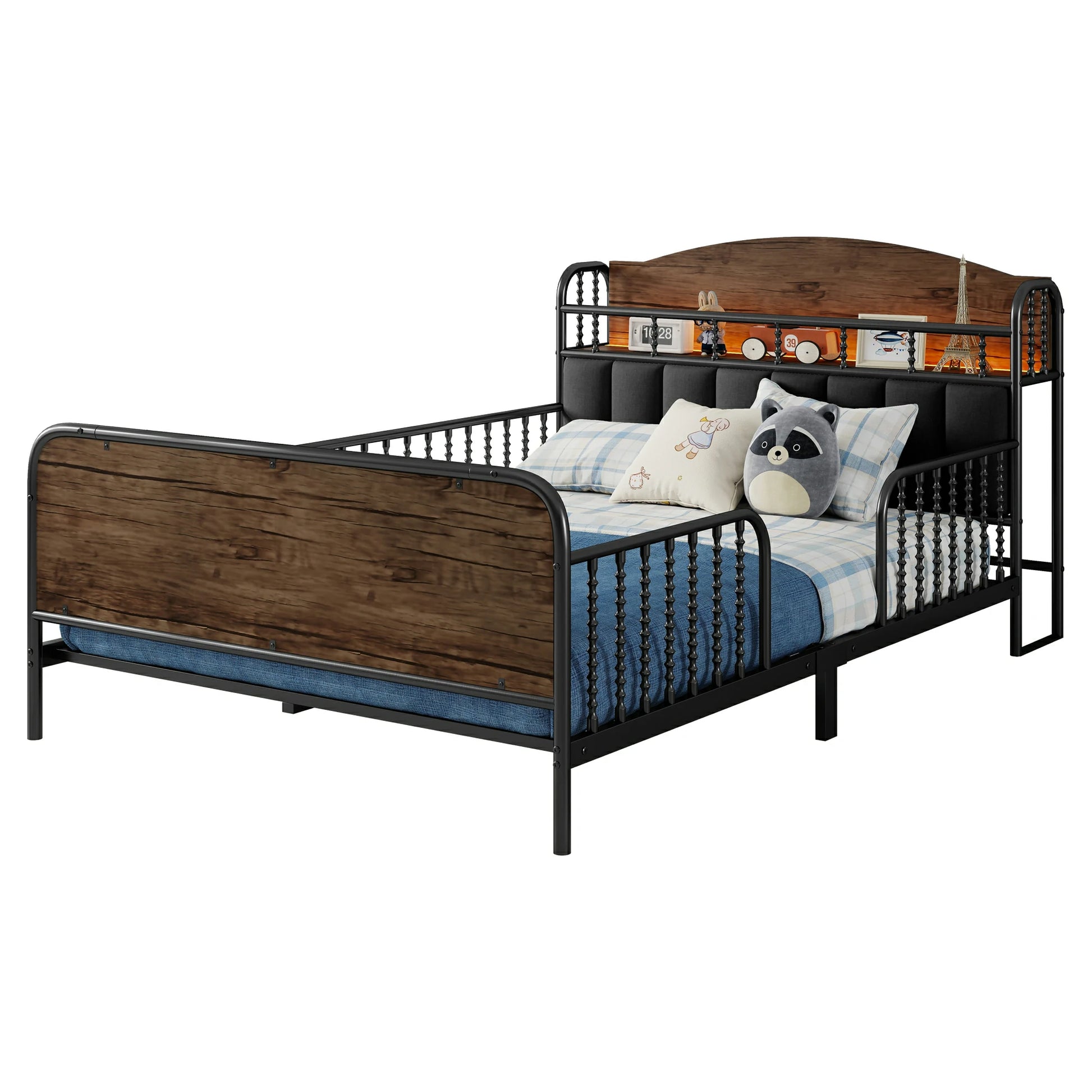 Kidstwinbedwithbedding_woodenheadboard_LEDshelfandsoftupholsteredbackrestdesign