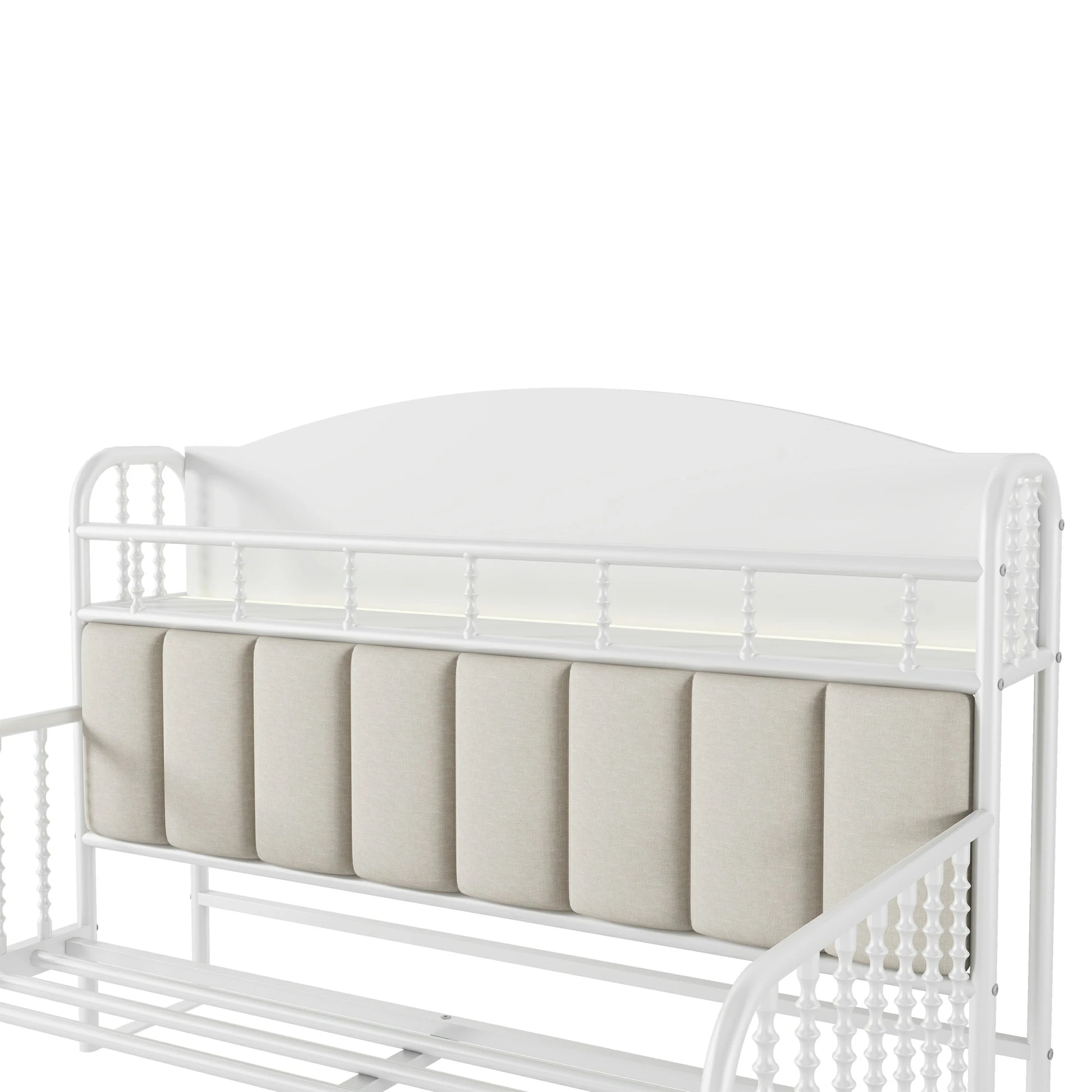 Kidstwinbedwithupholsteredpaddedheadboardandbuilt-inshelf_softbackrestforcomfort