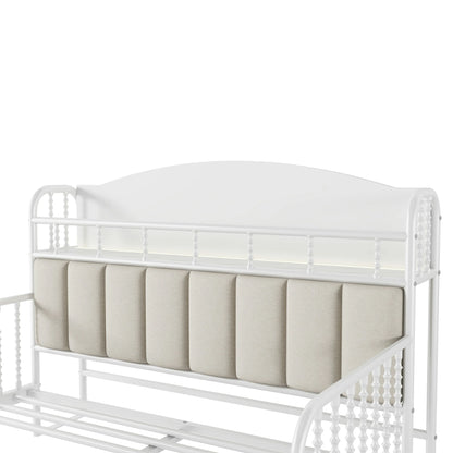 Kidstwinbedwithupholsteredpaddedheadboardandbuilt-inshelf_softbackrestforcomfort