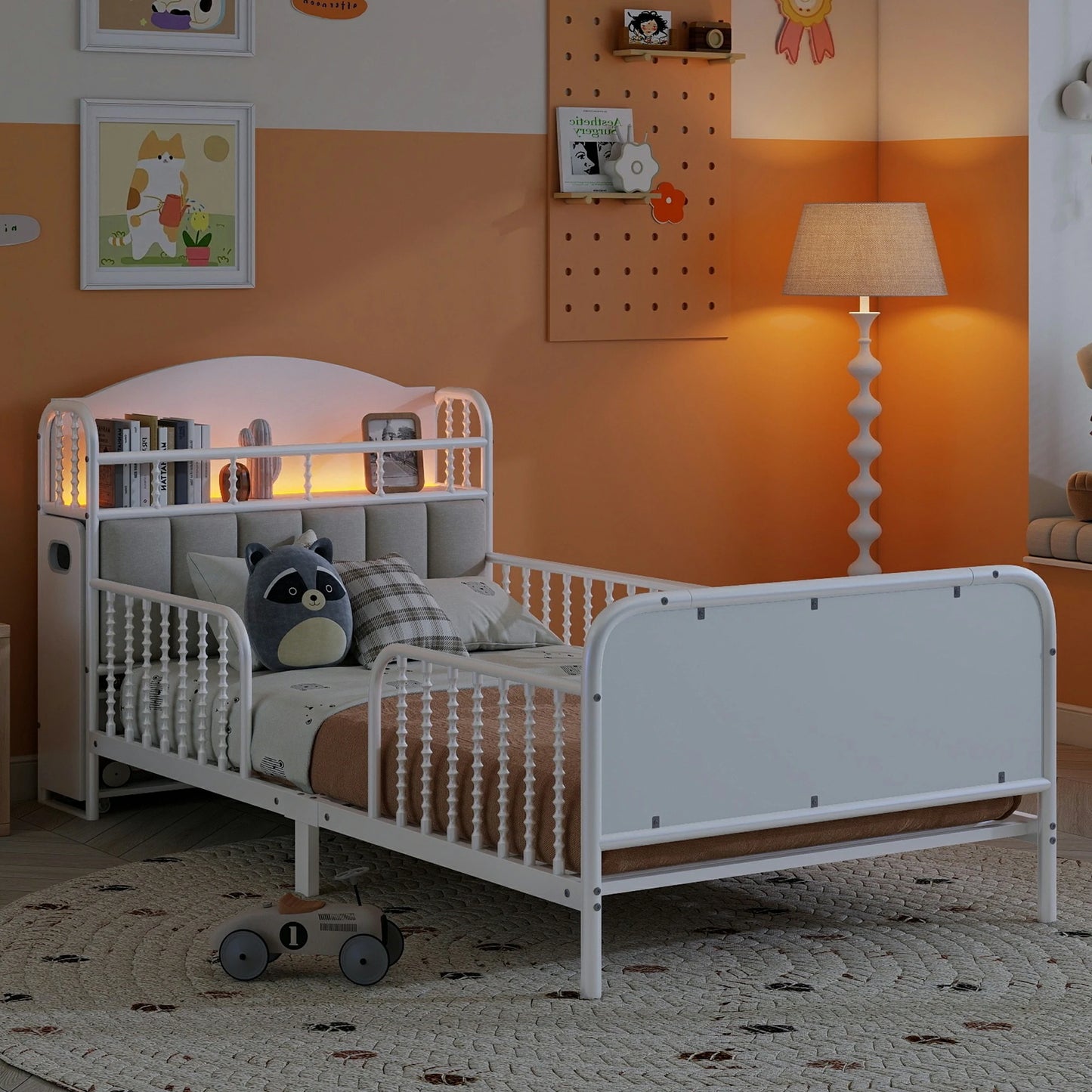 KidstwinbedwithwarmLEDheadboardlighting_cozynightbedroomsetupwithsafetyguardrails