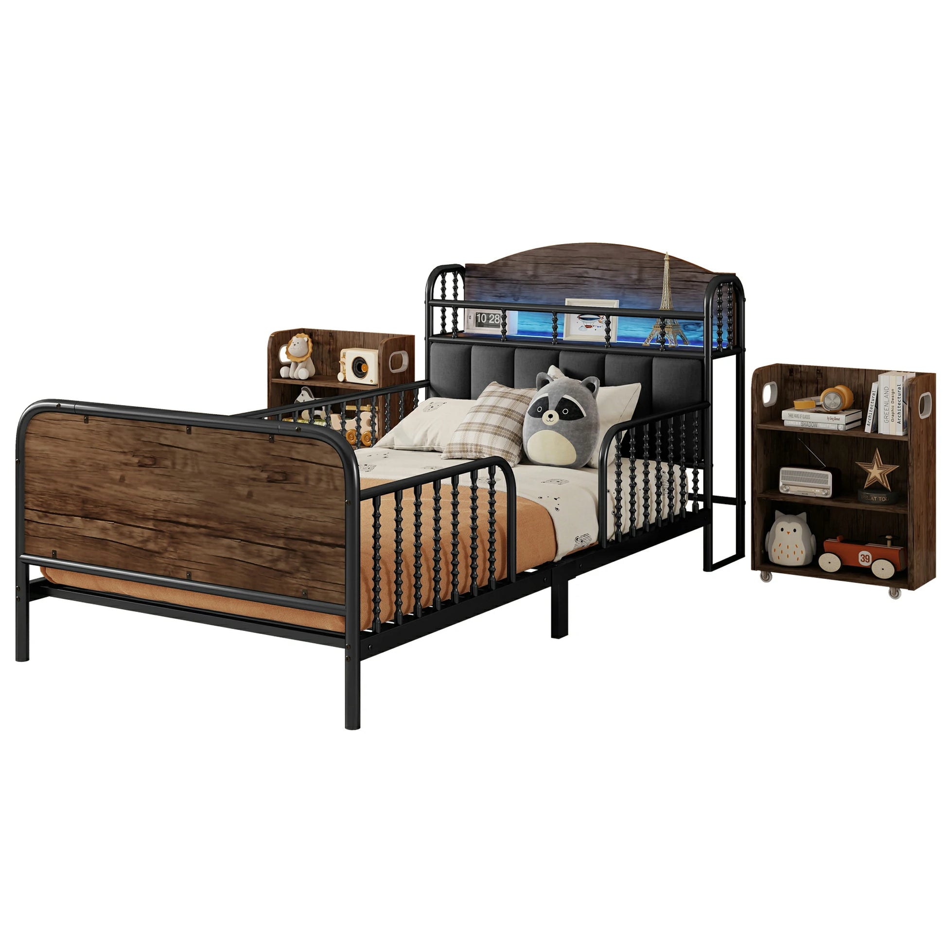 Kidstwinbedwithwoodandmetalframe_LEDheadboardandstorageshelf