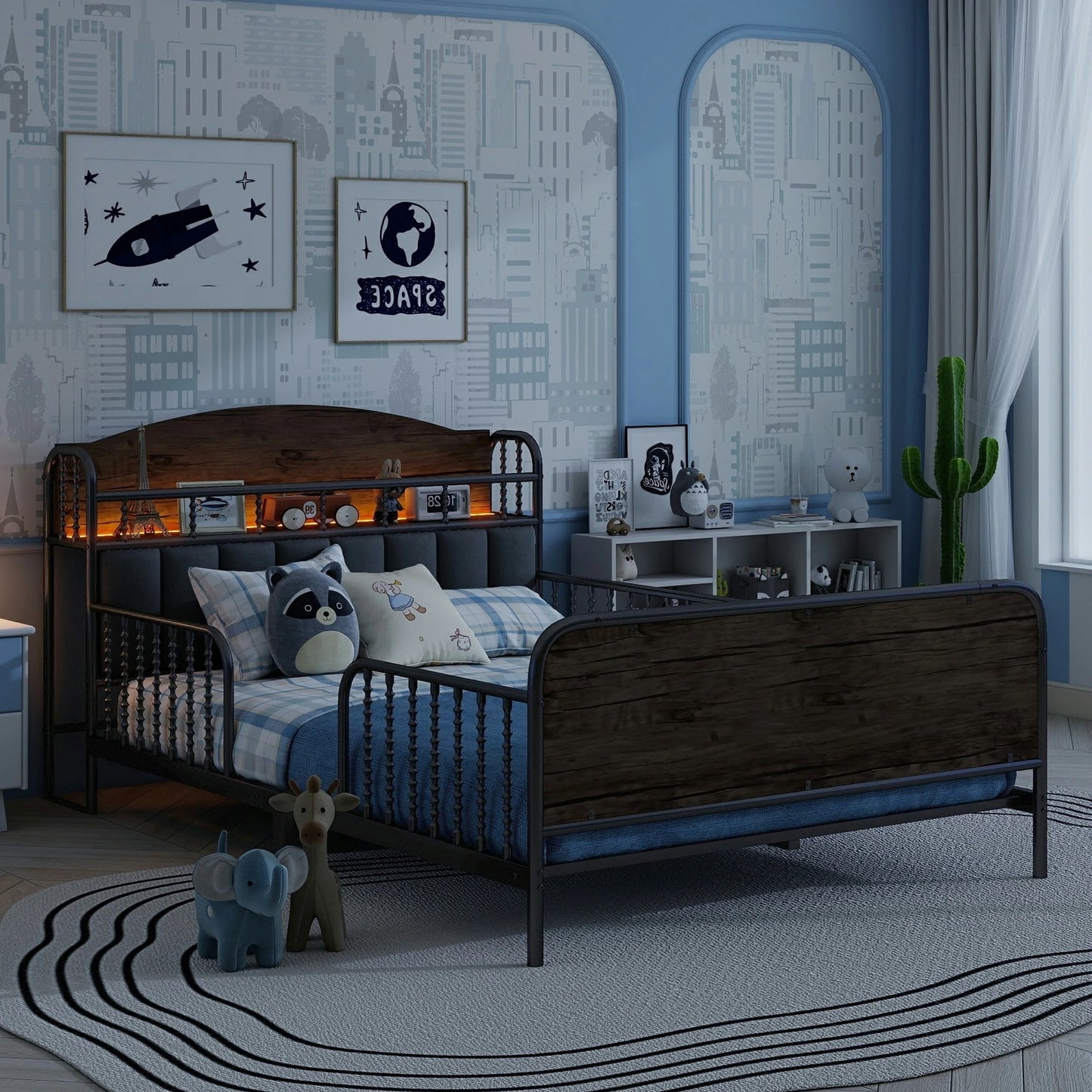 KidstwinbedwithwoodpanelandLEDheadboard_blackmetalframewithguardrailsincozybedroomscene