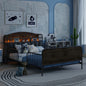 KidstwinbedwithwoodpanelandLEDheadboard_blackmetalframewithguardrailsincozybedroomscene