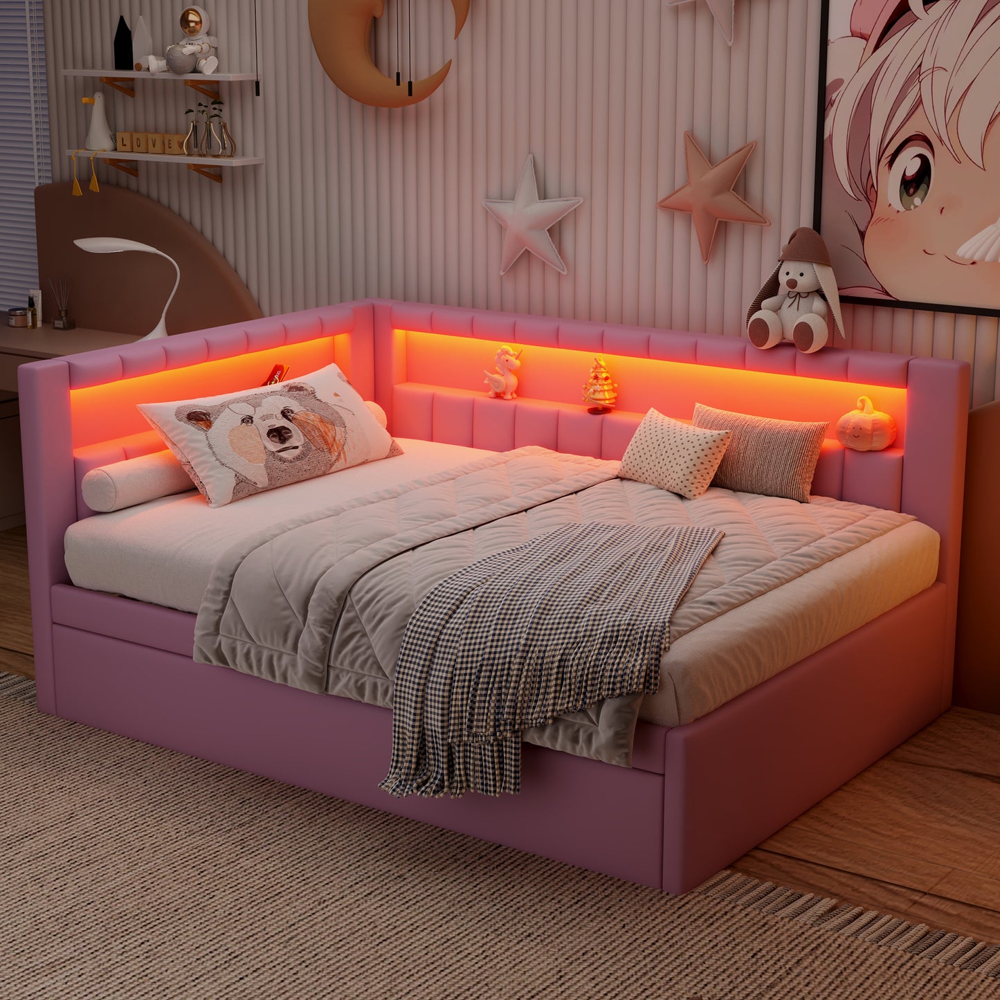 Mirightone™ Upholstered Daybed with Desk and Storage, Corner Bed with LED Light & Charging Station for Adults Teens Kids
