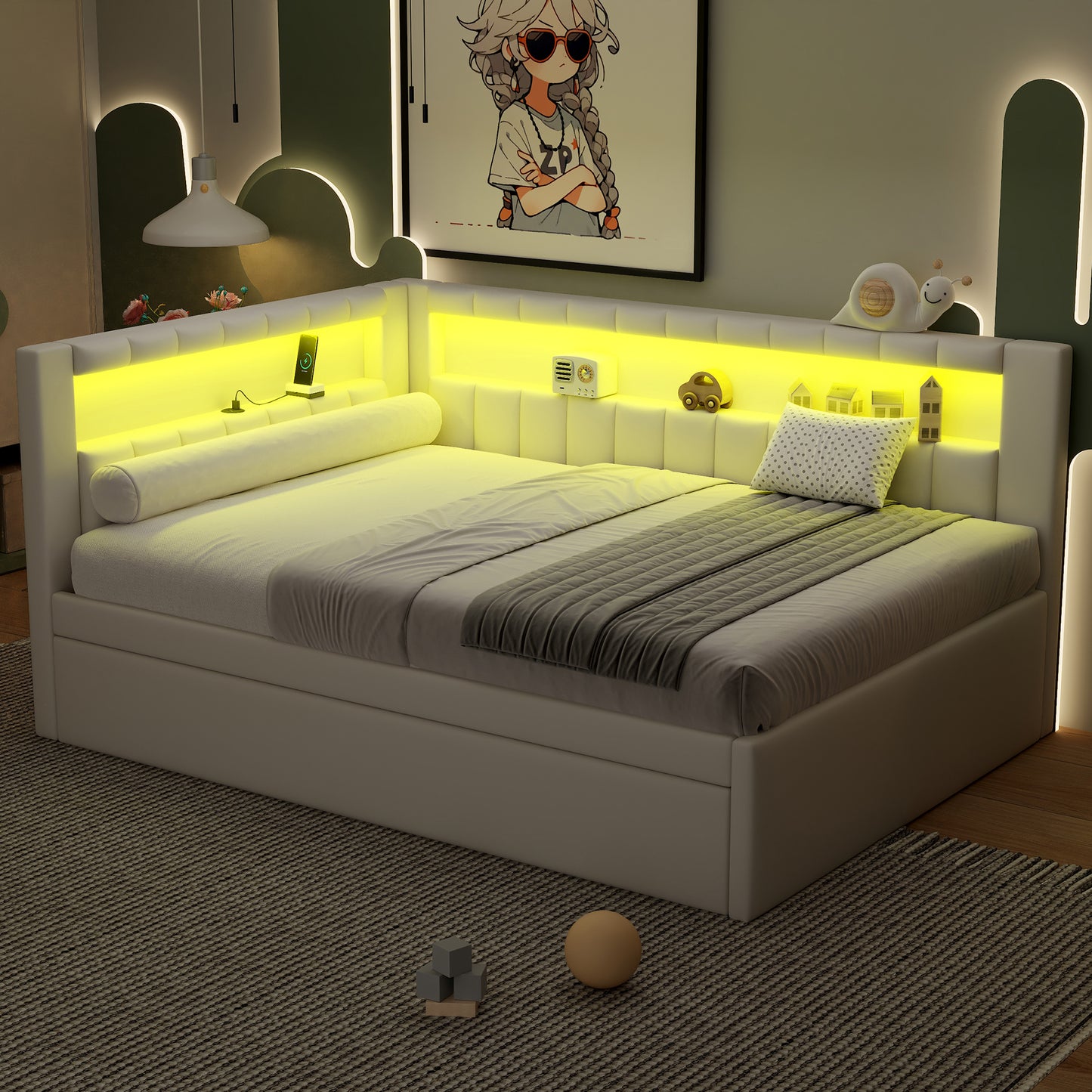 Mirightone™ Upholstered Daybed with Desk and Storage, Corner Bed with LED Light & Charging Station for Adults Teens Kids