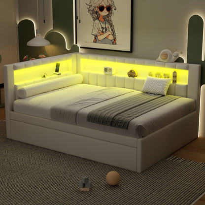 Mirightone™ Upholstered Daybed with Desk and Storage, Corner Bed with LED Light & Charging Station for Adults Teens Kids