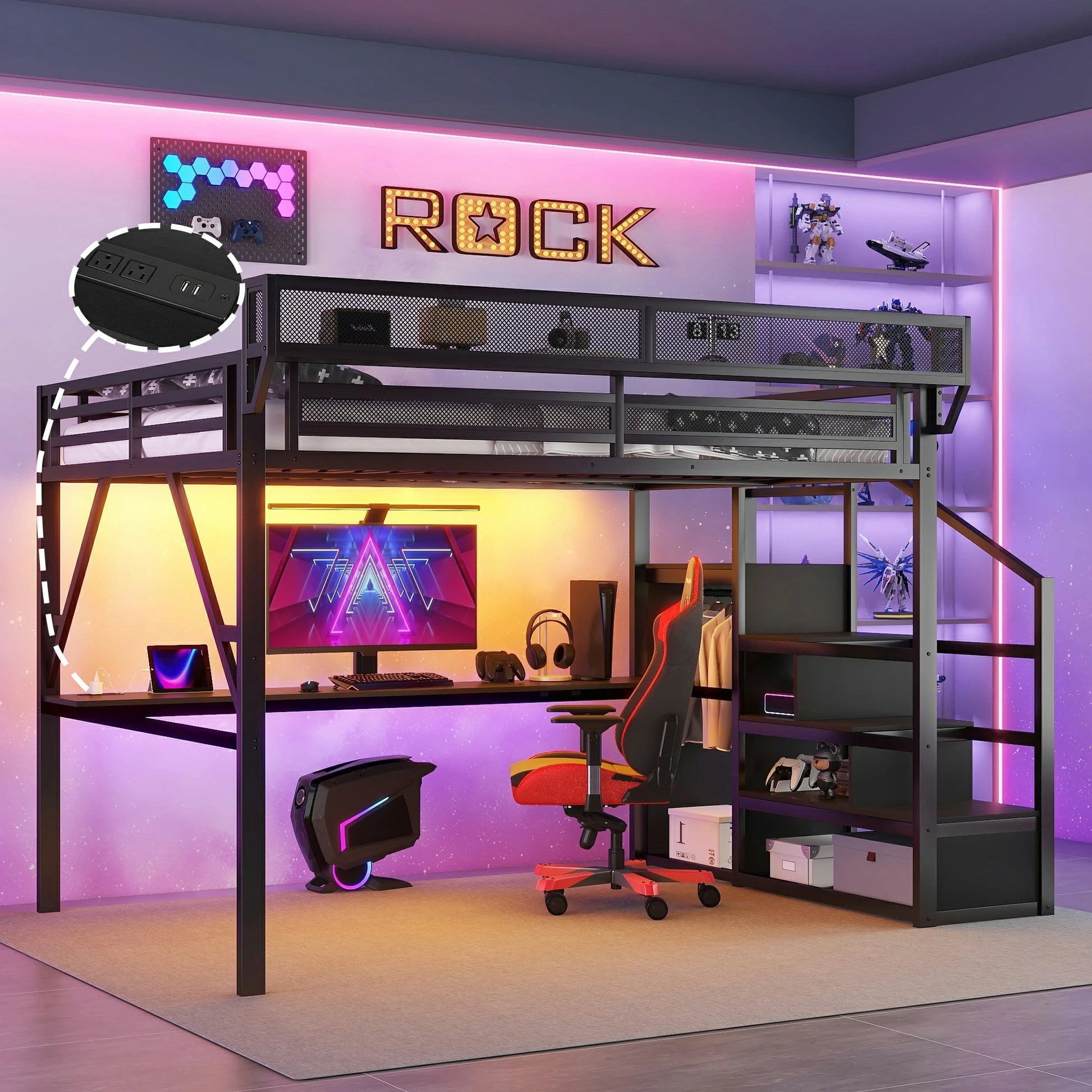Loftbedwithbuilt-inUSBchargingstationandpoweroutlets_convenientforgaming_studying_anddailyuse.