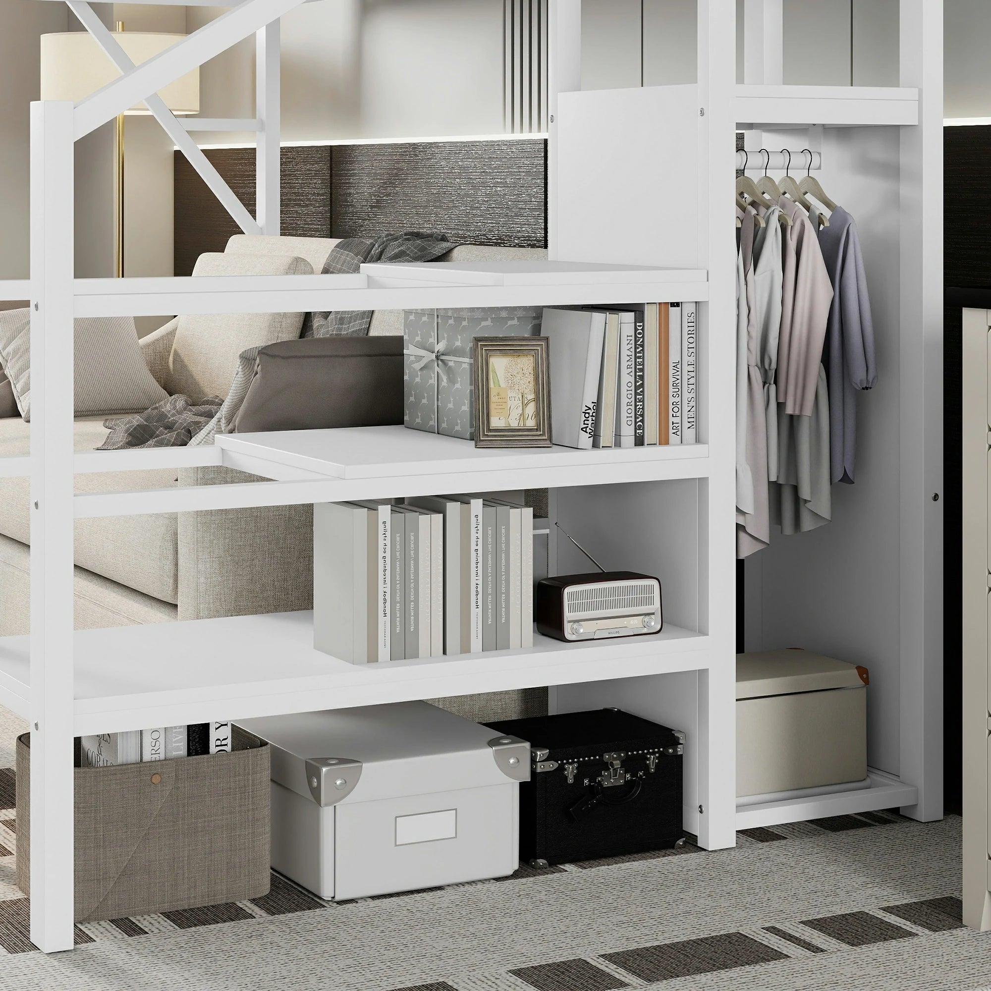 Loftbedwithbuilt-inwardrobeandstorageshelves_space-savingbedwithhangingclothesarea