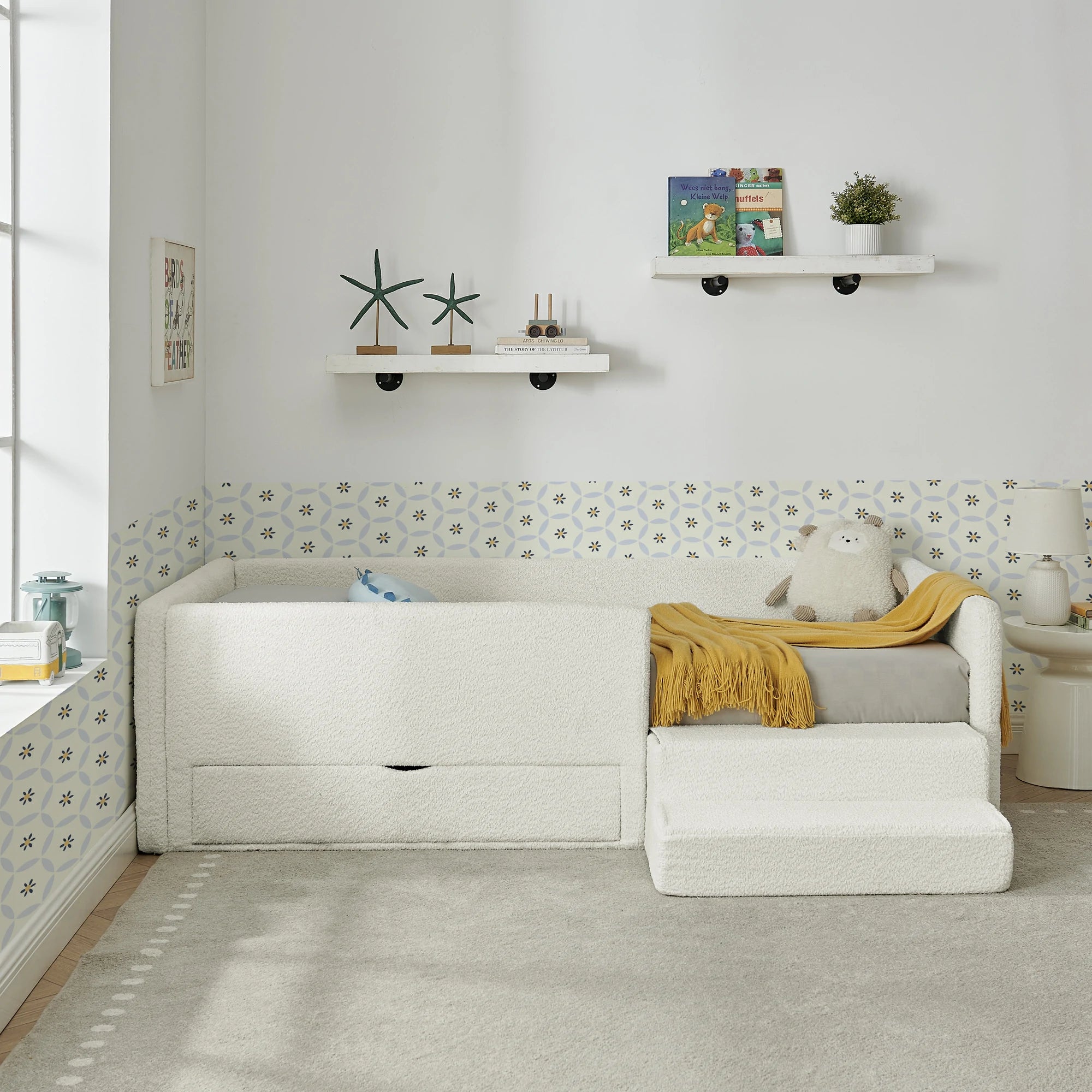 Lowprofilekidsbedwithsoftboucleupholstery_safetyrailsandstepstoolforeasyaccess